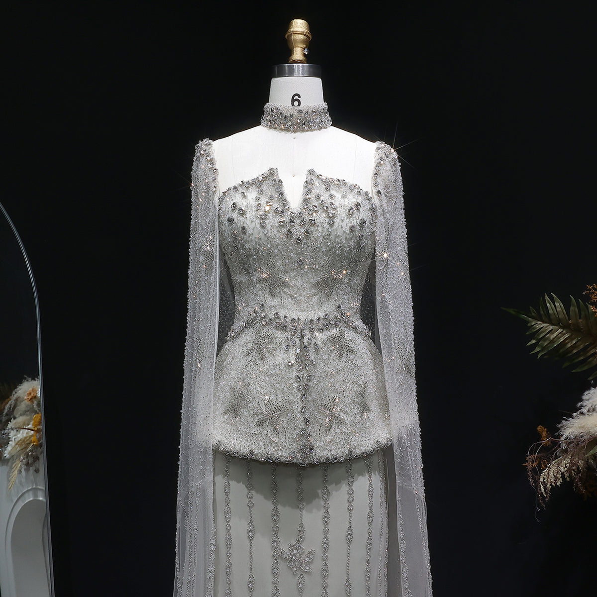 Glamorous Silver High Neck Sheer Evening Dress with Cape Sleeves SS531