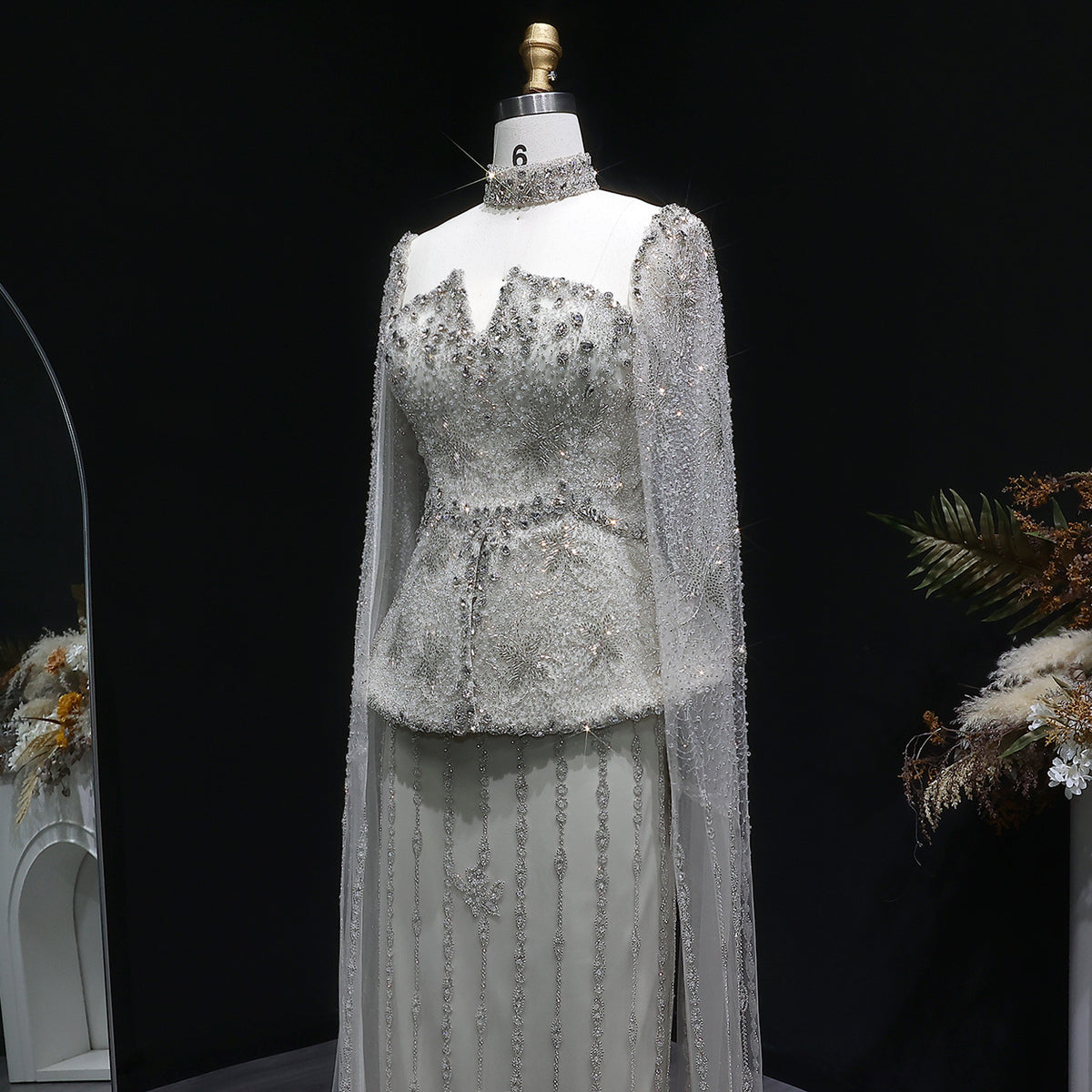 Glamorous Silver High Neck Sheer Evening Dress with Cape Sleeves SS531