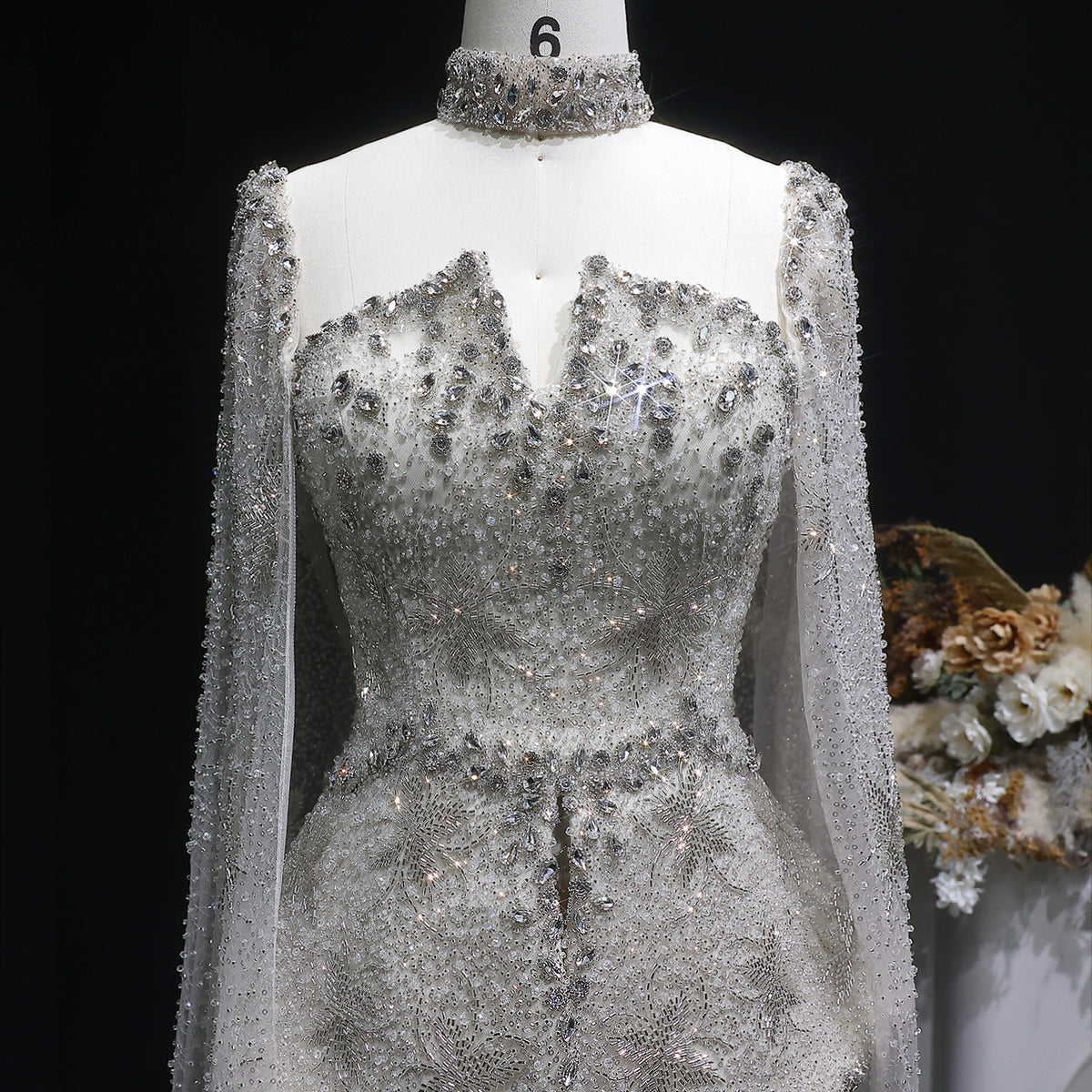 Glamorous Silver High Neck Sheer Evening Dress with Cape Sleeves SS531