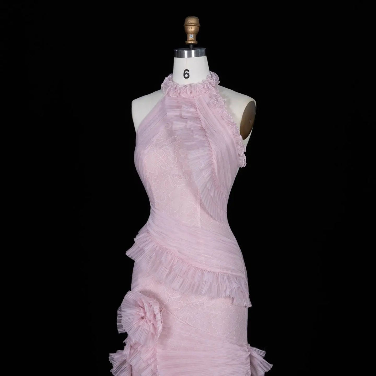 Pink Lace Halter Neck Ruffle Mermaid Evening Dress SF216