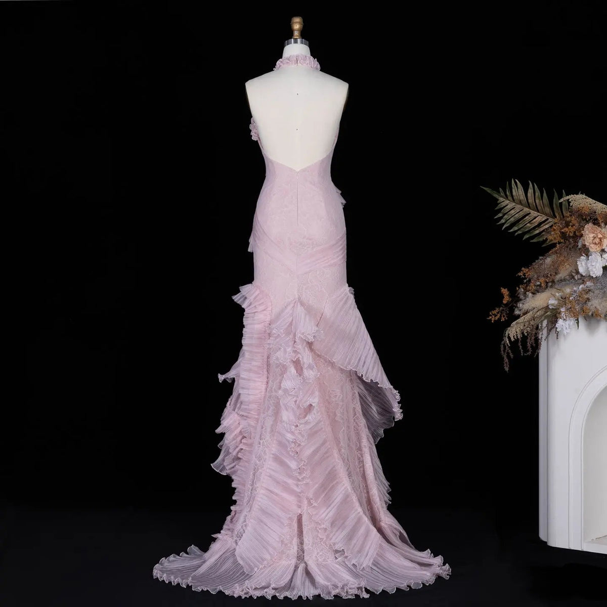 Pink Lace Halter Neck Ruffle Mermaid Evening Dress SF216