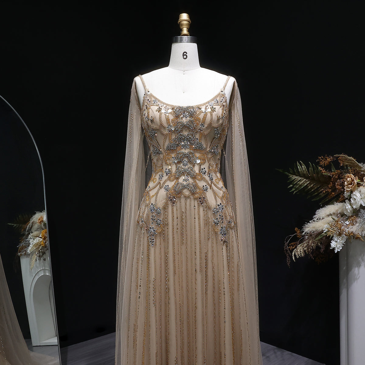 Luxury Champagne Crystal Beaded Sheer Cape Sleeve Evening Dress SS538