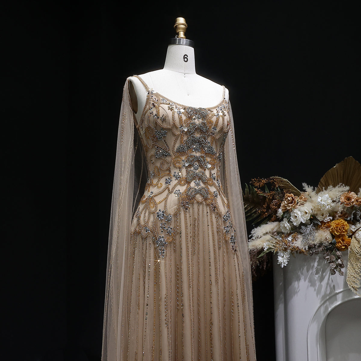 Luxury Champagne Crystal Beaded Sheer Cape Sleeve Evening Dress SS538