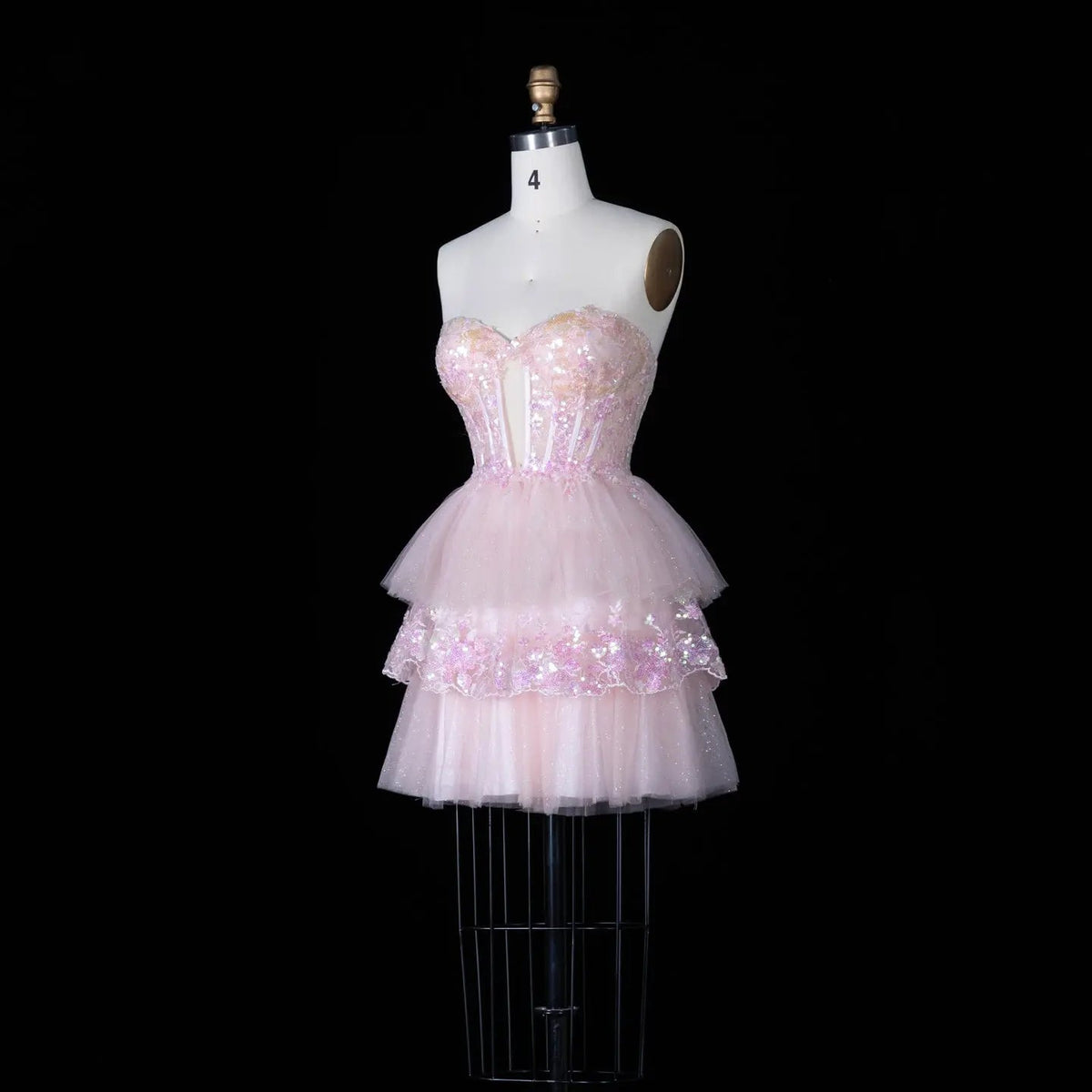 Pink Sequin Corset Mini Dress Strapless Tiered Tulle Homecoming Party Dress RM144
