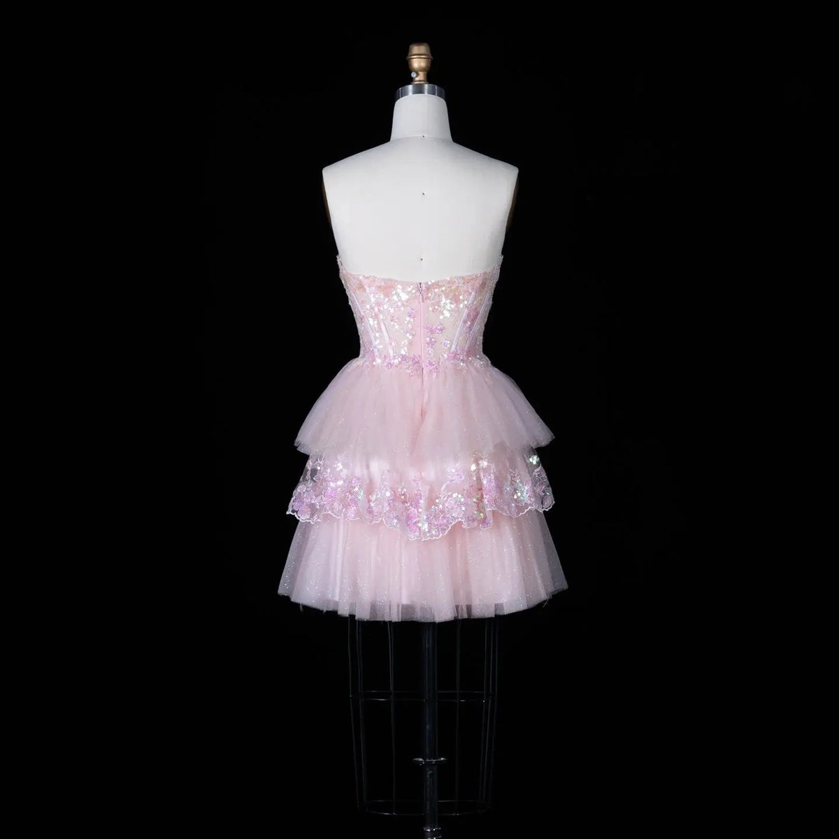 Pink Sequin Corset Mini Dress Strapless Tiered Tulle Homecoming Party Dress RM144