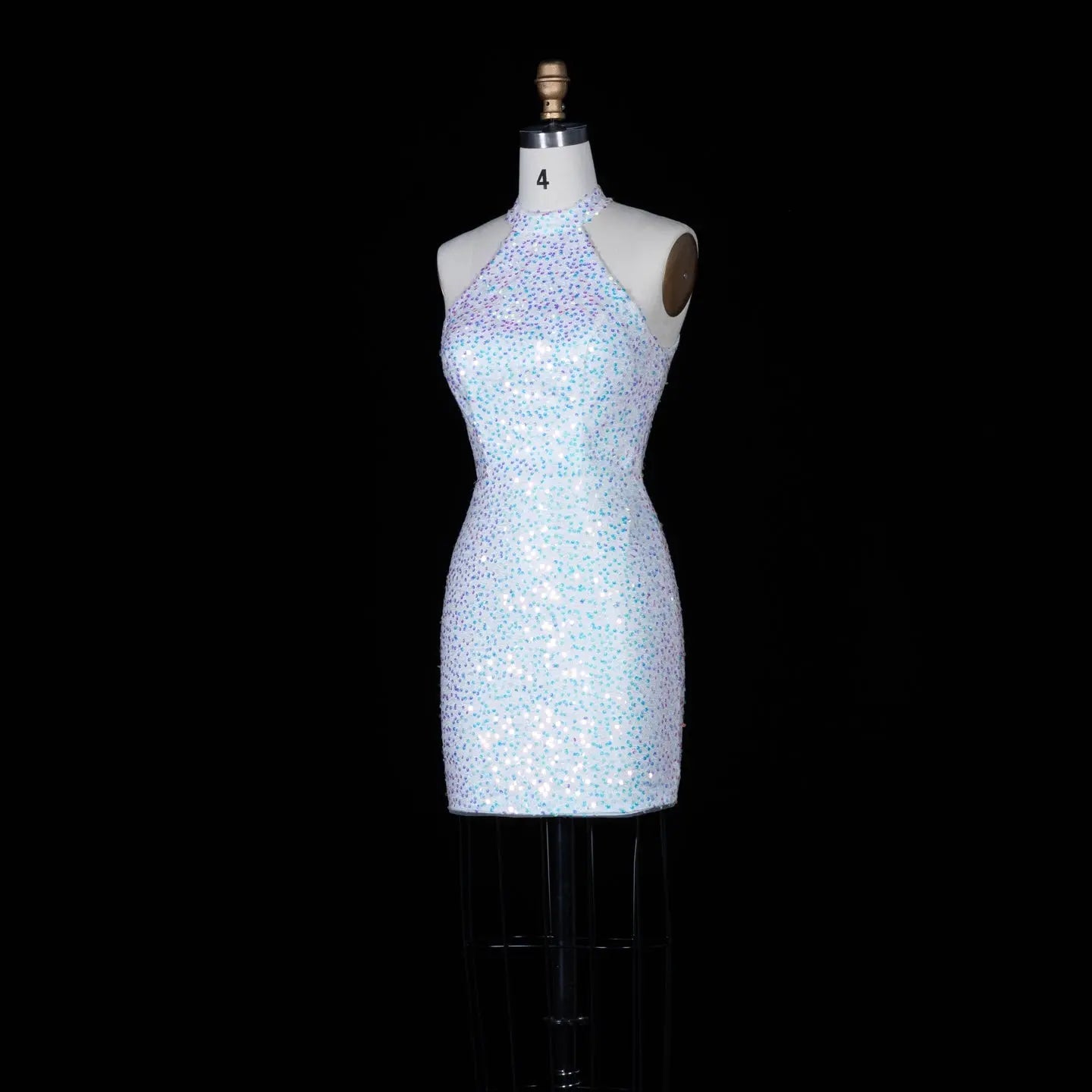 White Iridescent Sequin Halter Bodycon Mini Dress Keyhole Back Homecoming Gown RM147