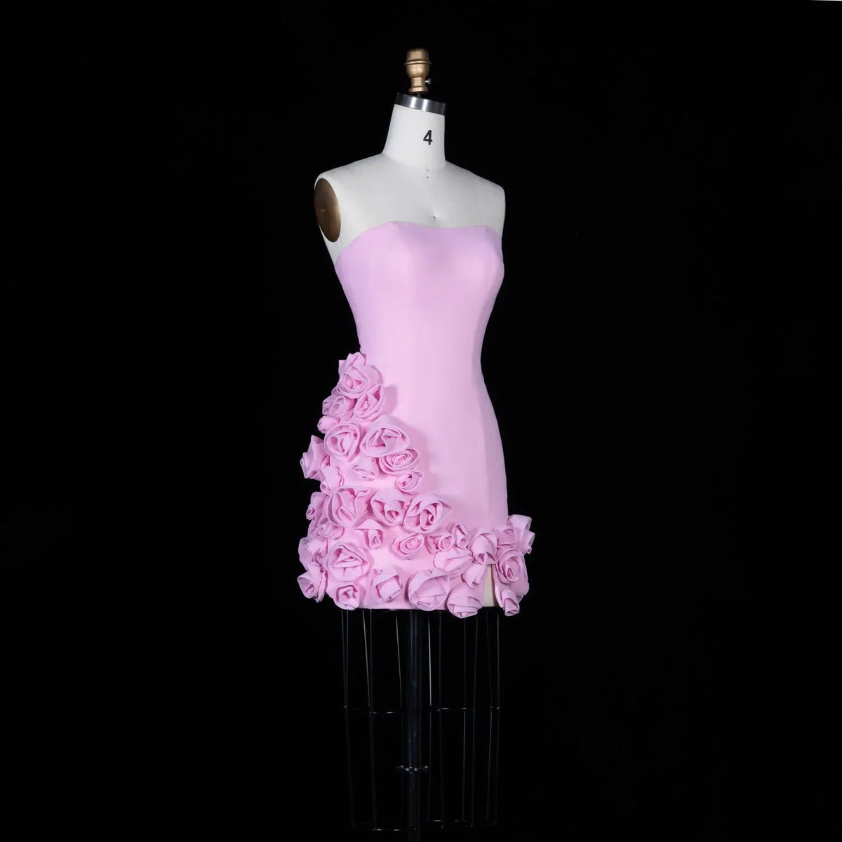 Pink 3D Floral Strapless Mini Dress Fitted Birthday Party Dress RM148