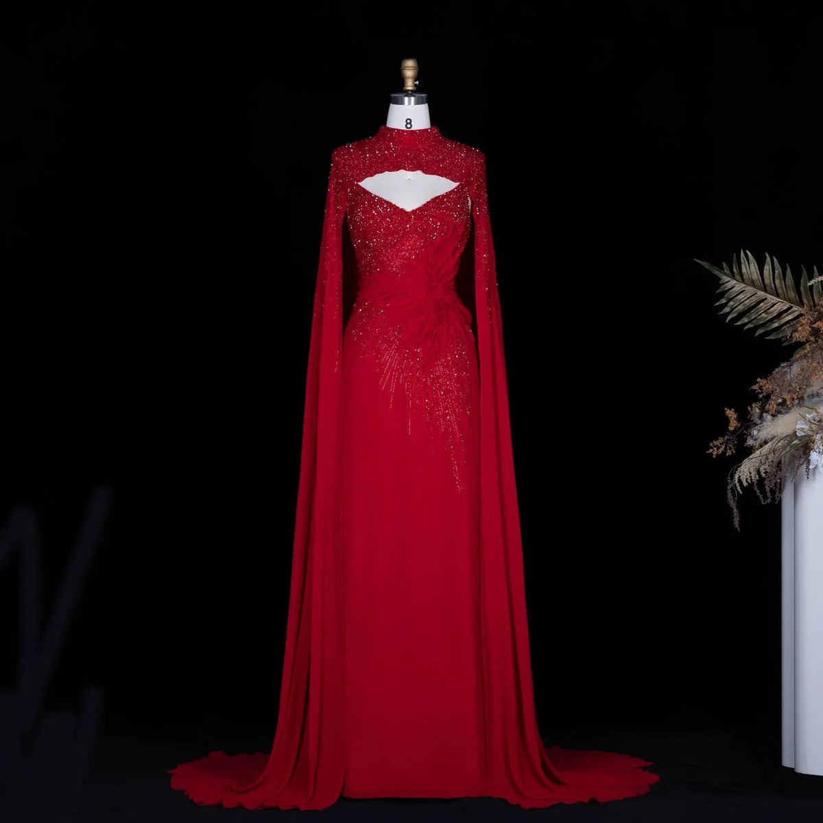 Navy Blue Beaded Cape Sleeve Cutout Formal Evening Gown SS074