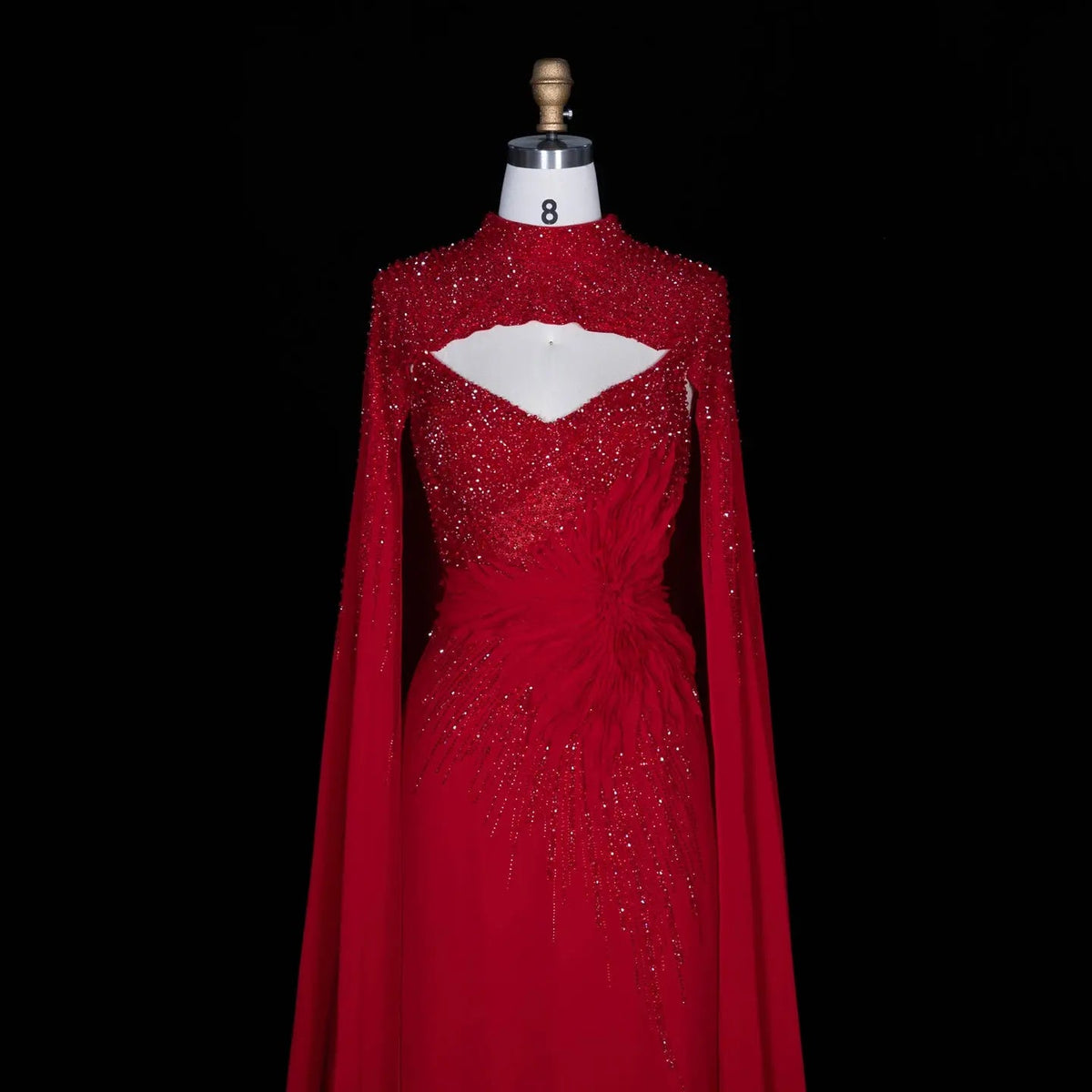 Navy Blue Beaded Cape Sleeve Cutout Formal Evening Gown SS074