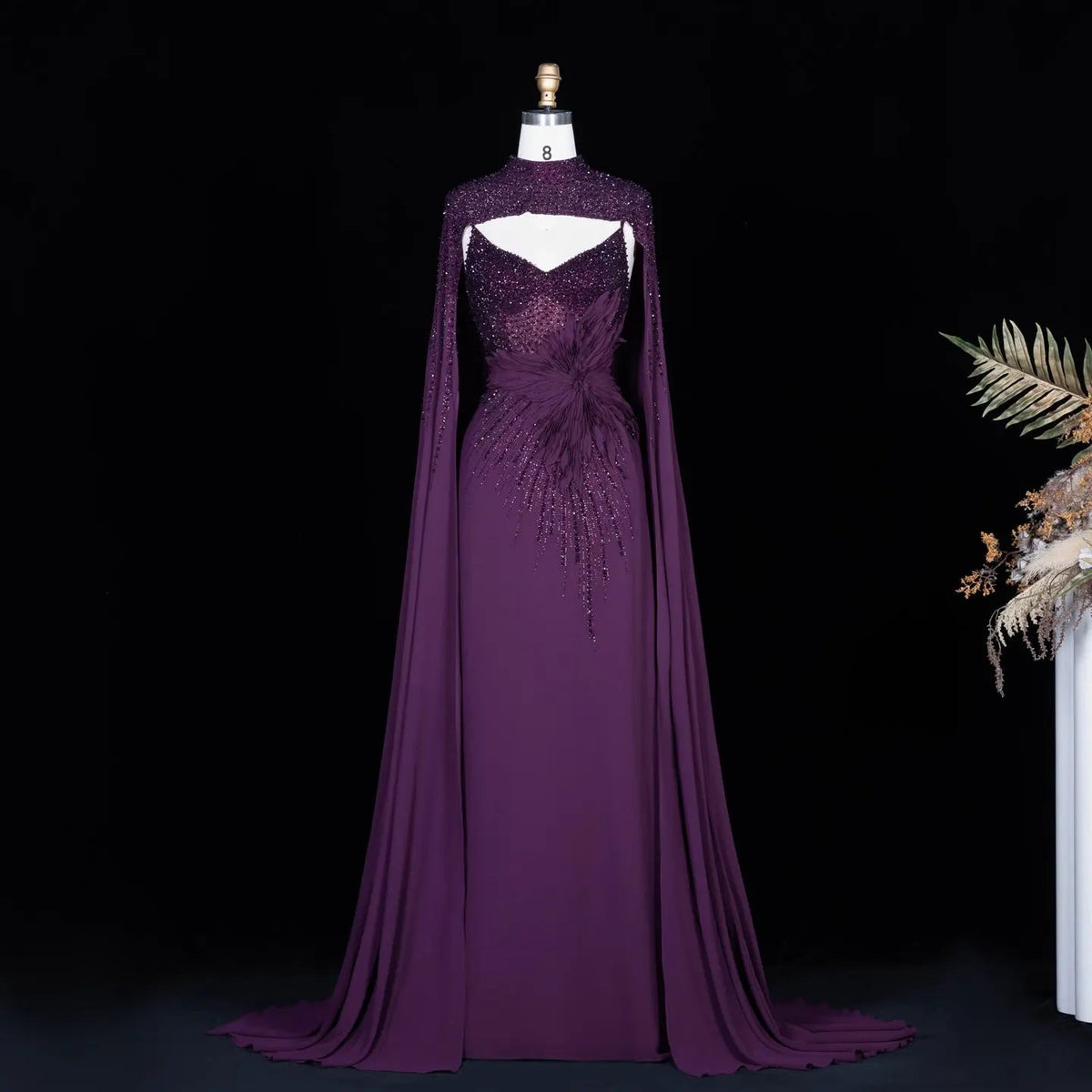 Navy Blue Beaded Cape Sleeve Cutout Formal Evening Gown SS074