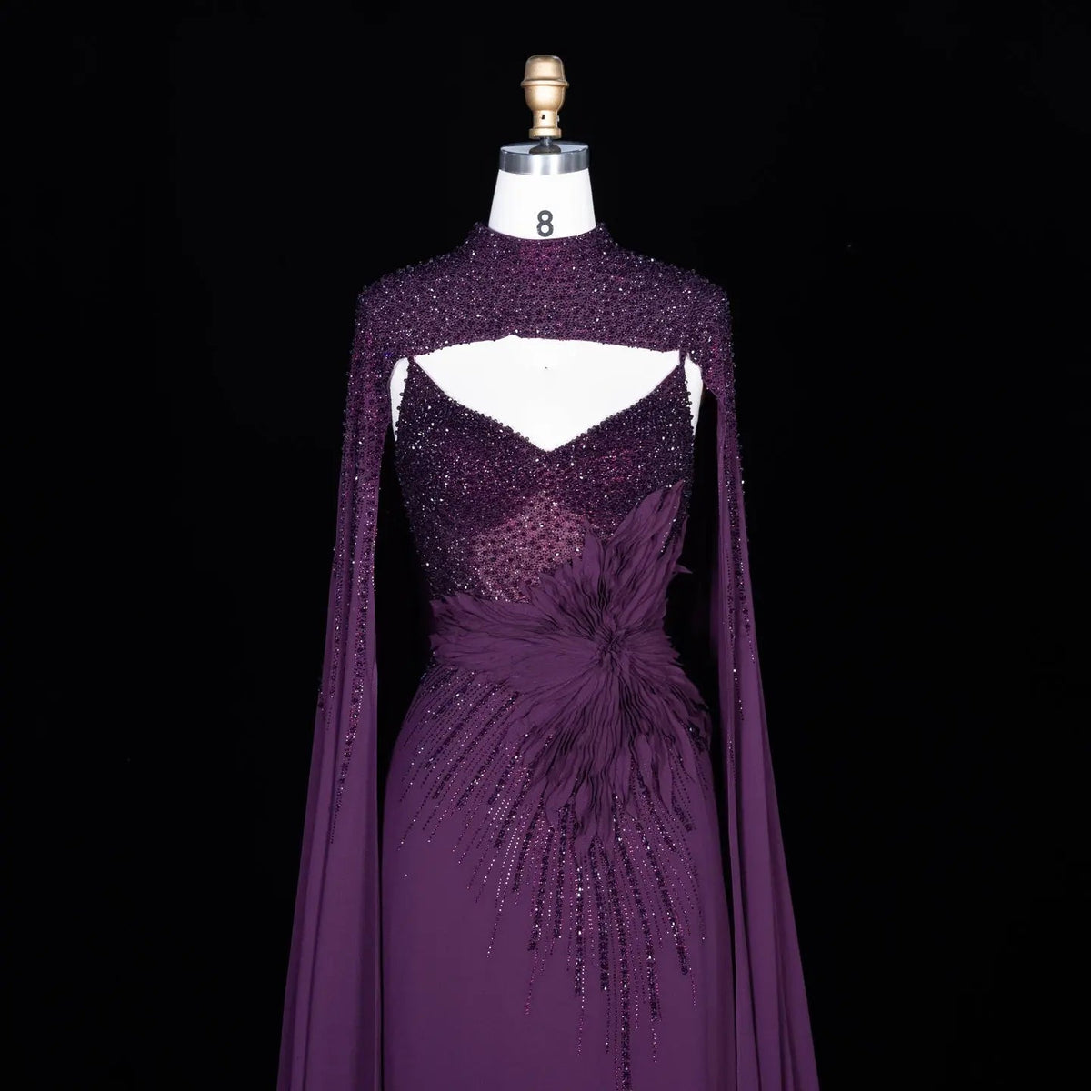 Navy Blue Beaded Cape Sleeve Cutout Formal Evening Gown SS074