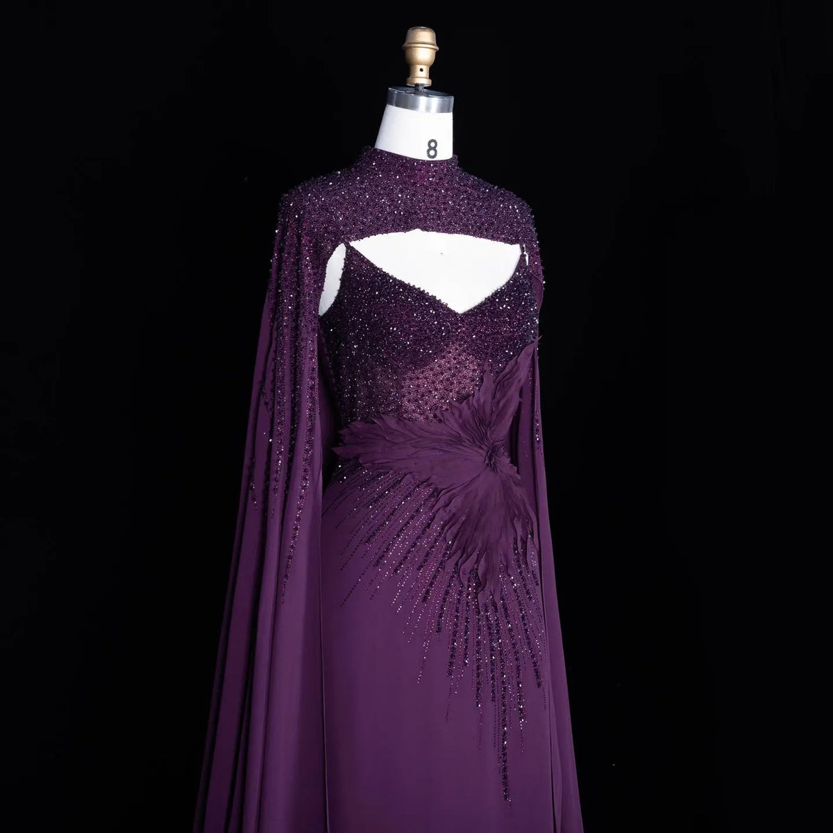 Navy Blue Beaded Cape Sleeve Cutout Formal Evening Gown SS074