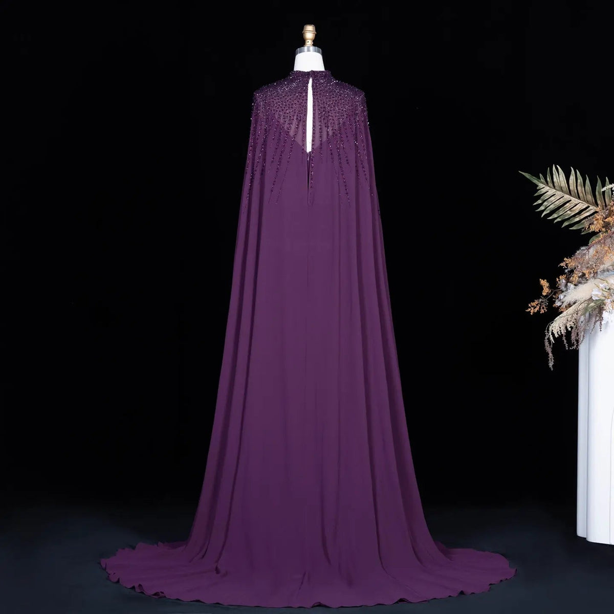 Navy Blue Beaded Cape Sleeve Cutout Formal Evening Gown SS074