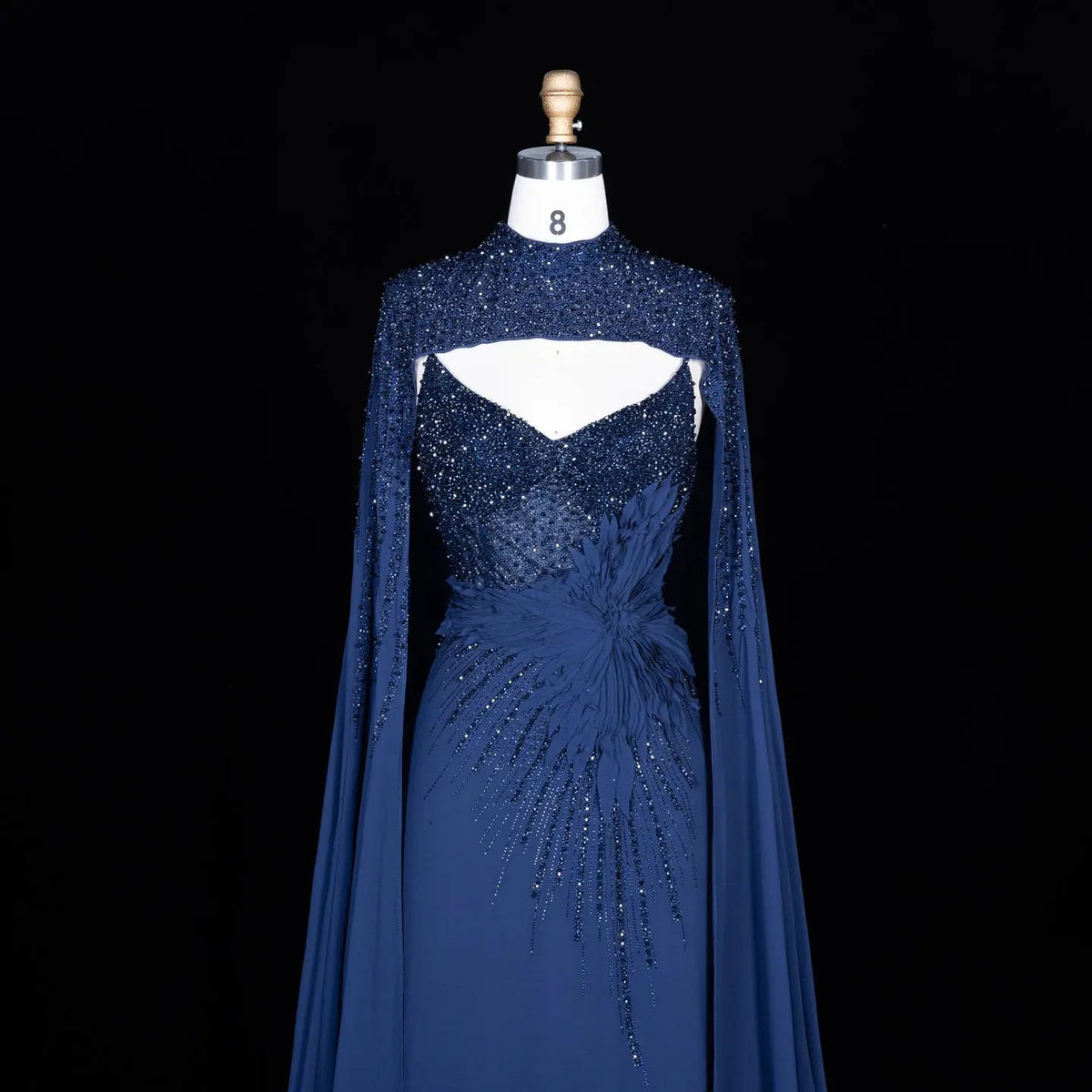Navy Blue Beaded Cape Sleeve Cutout Formal Evening Gown SS074