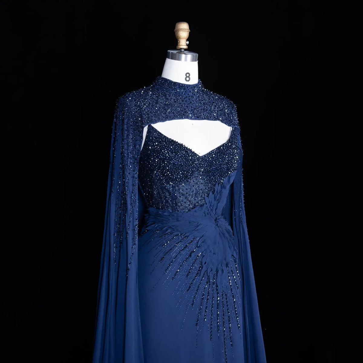 Navy Blue Beaded Cape Sleeve Cutout Formal Evening Gown SS074