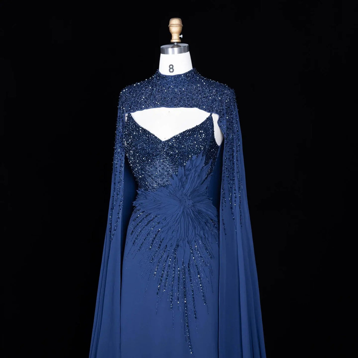 Navy Blue Beaded Cape Sleeve Cutout Formal Evening Gown SS074