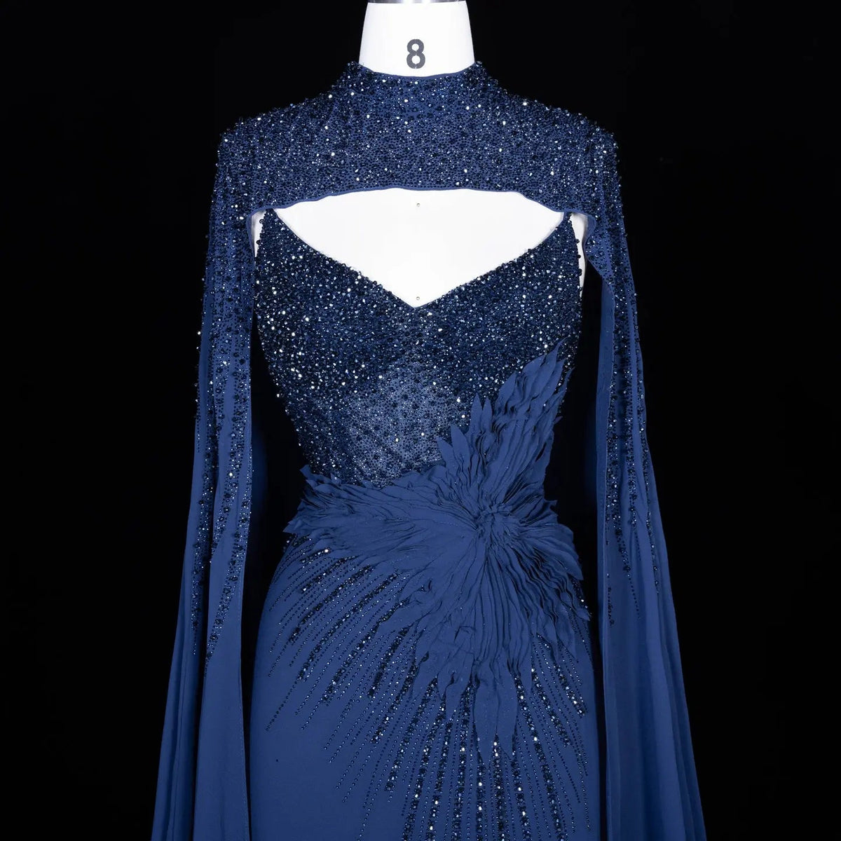 Navy Blue Beaded Cape Sleeve Cutout Formal Evening Gown SS074
