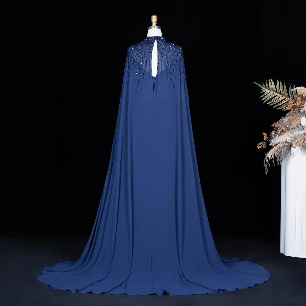 Navy Blue Beaded Cape Sleeve Cutout Formal Evening Gown SS074