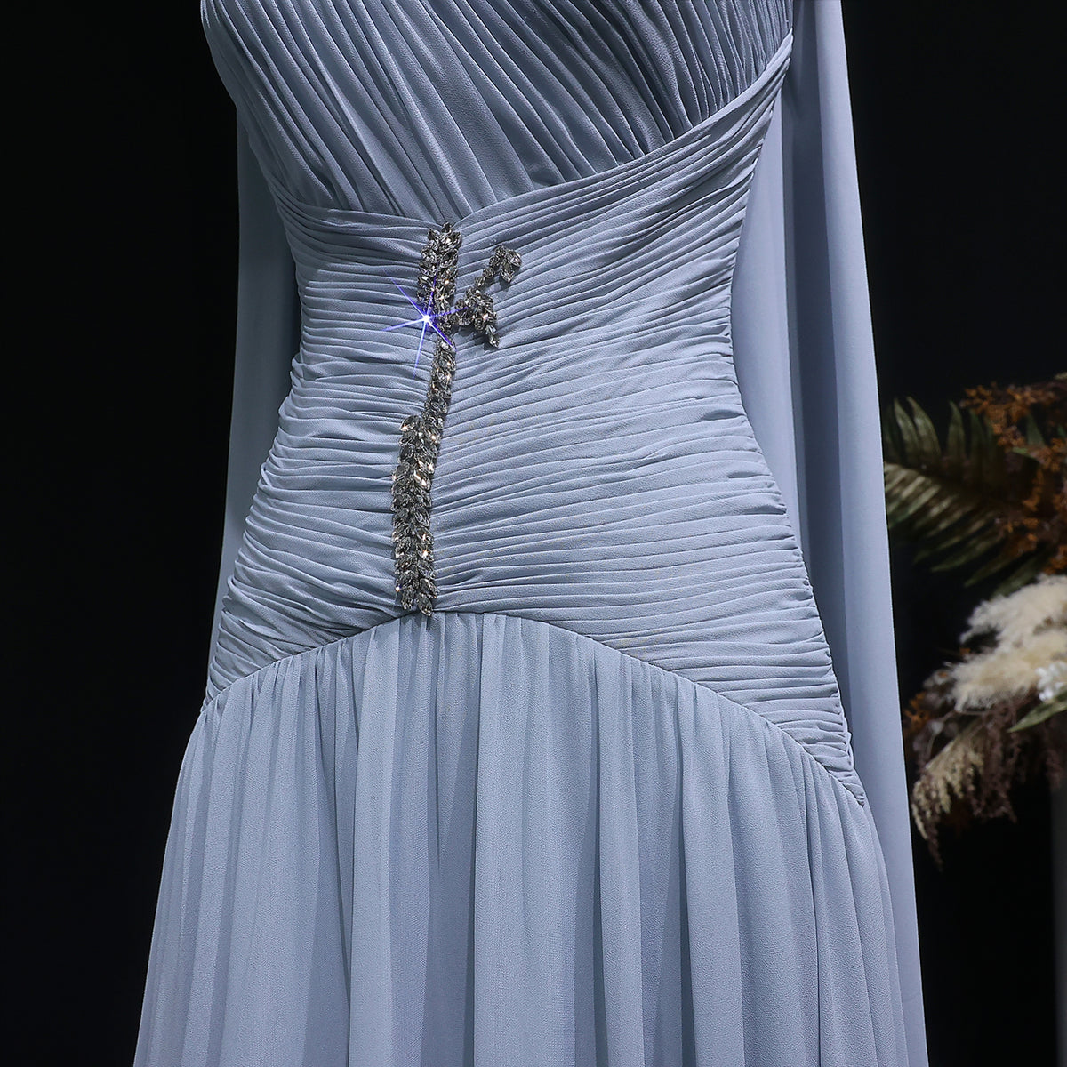 Elegant Gray Blue Beaded Ruched Chiffon Evening Dress with Capelet SF235A