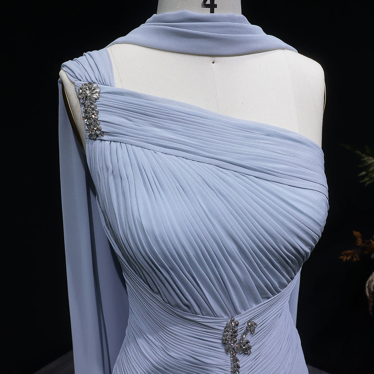 Elegant Gray Blue Beaded Ruched Chiffon Evening Dress with Capelet SF235A