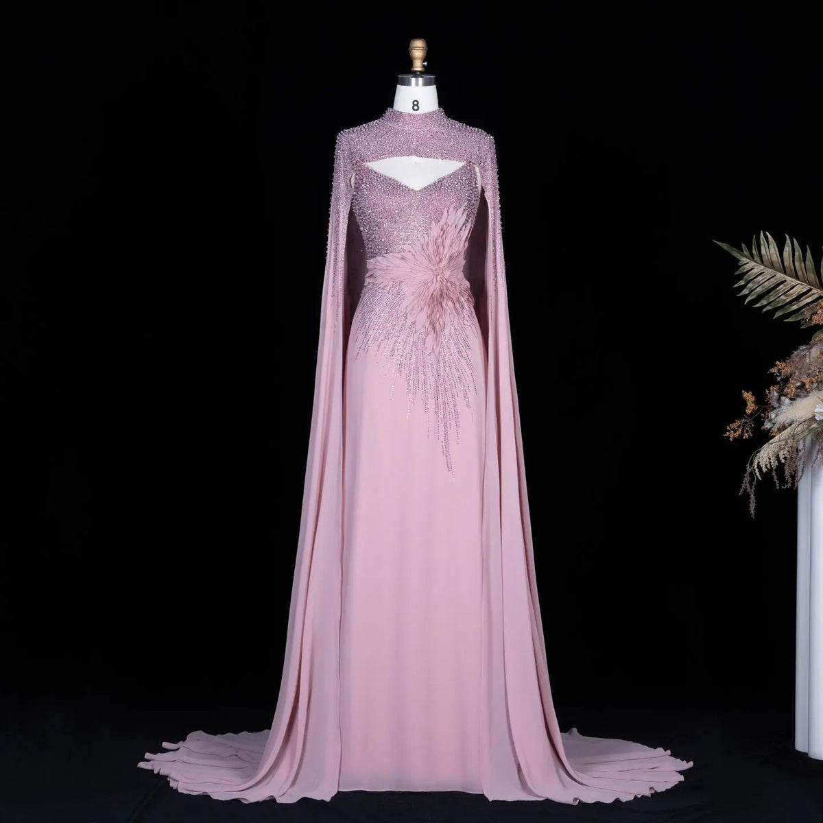 Navy Blue Beaded Cape Sleeve Cutout Formal Evening Gown SS074