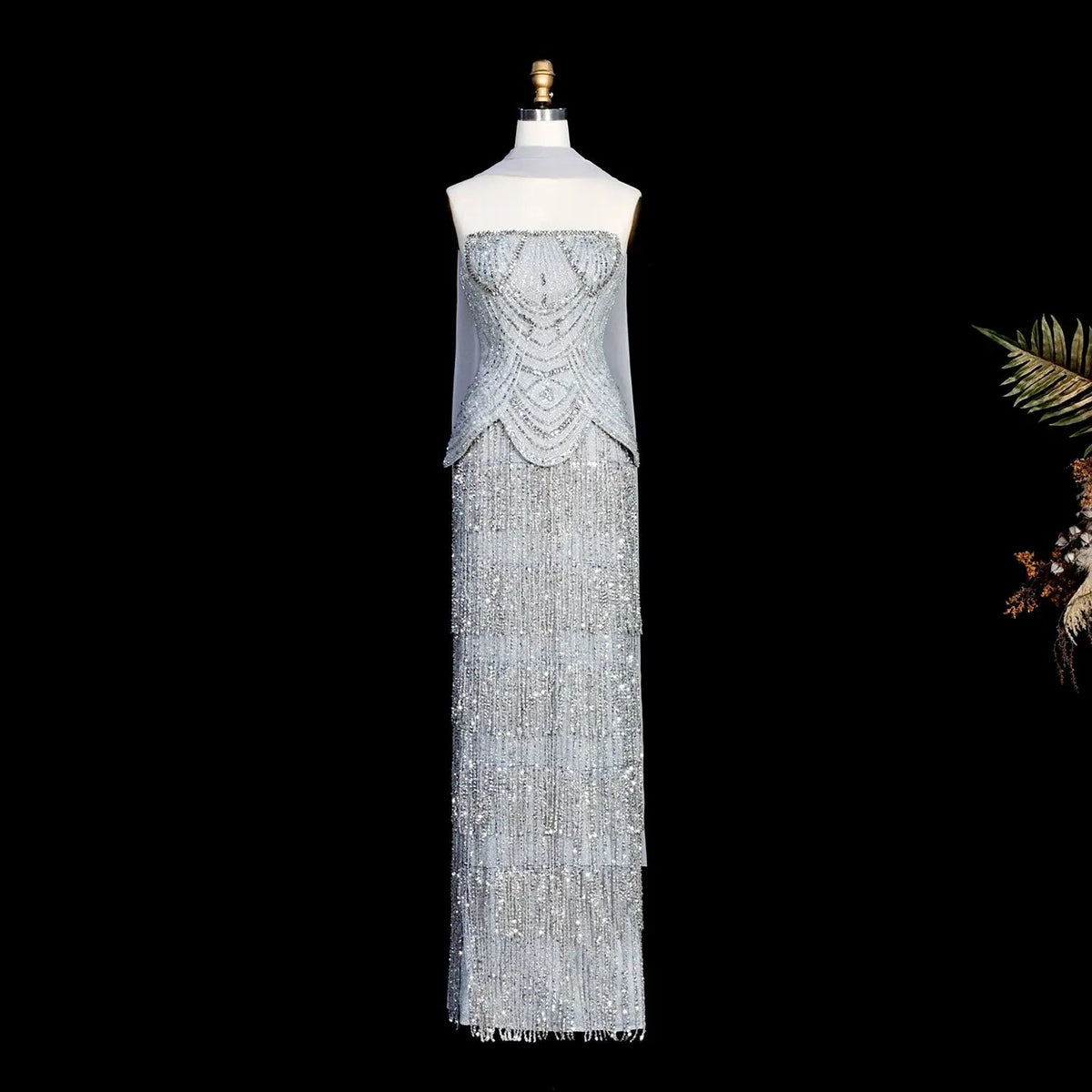 Gray Strapless Beaded Evening Dress with Floor Length Fringe Skirt SS255