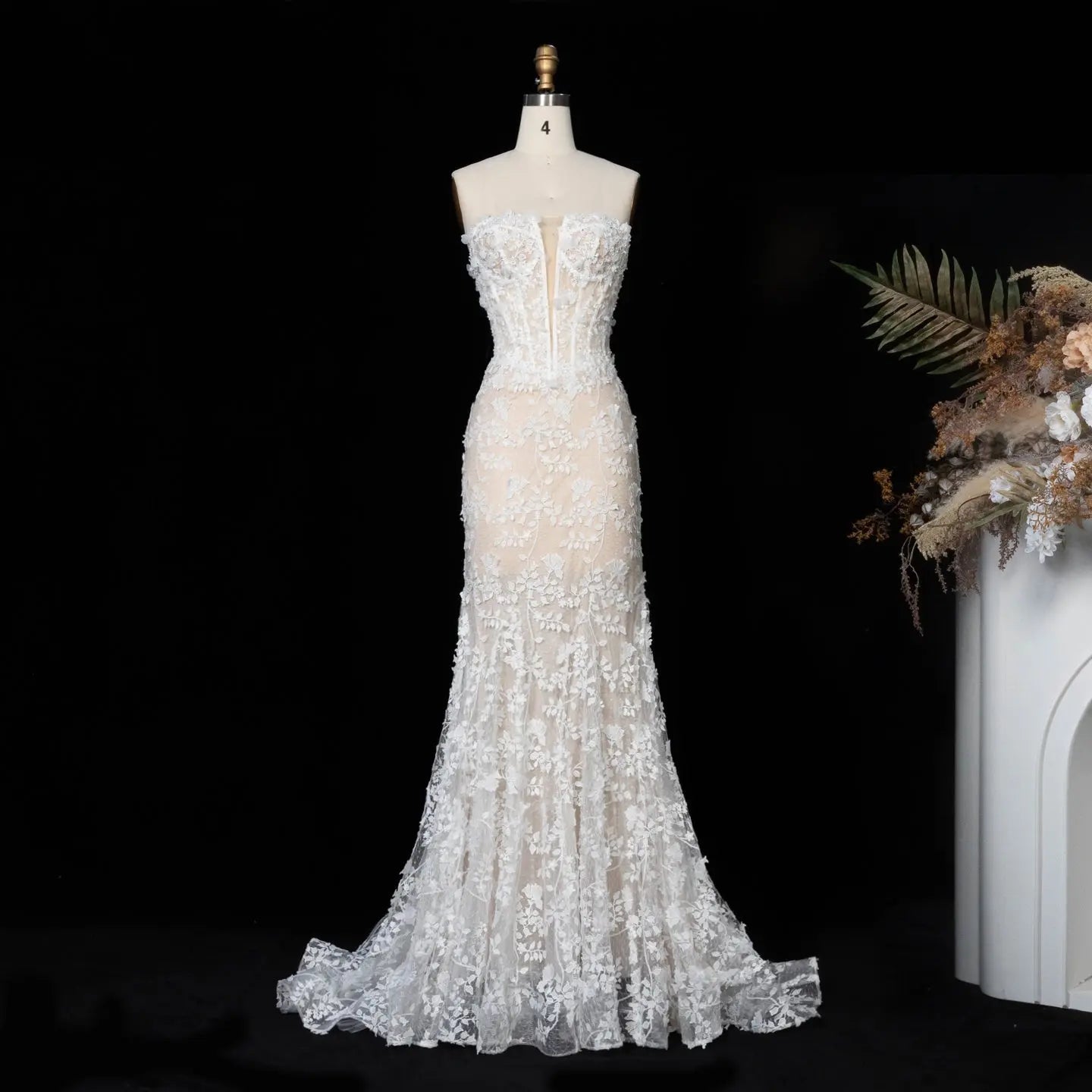 White Nude Lace Fairytale Mermaid Wedding Dress 3D Floral Train SW649 - White Nude