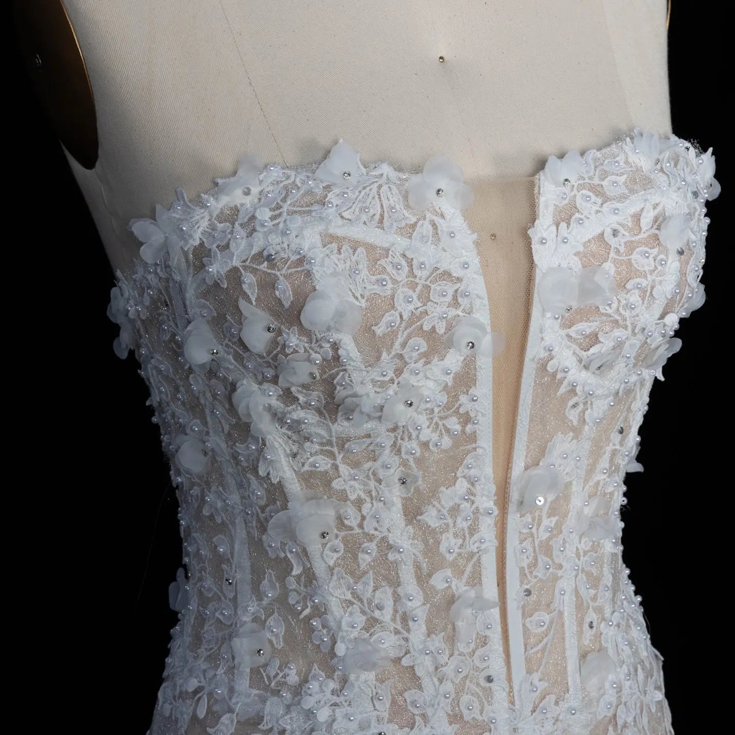 White Nude Lace Fairytale Mermaid Wedding Dress 3D Floral Train SW649
