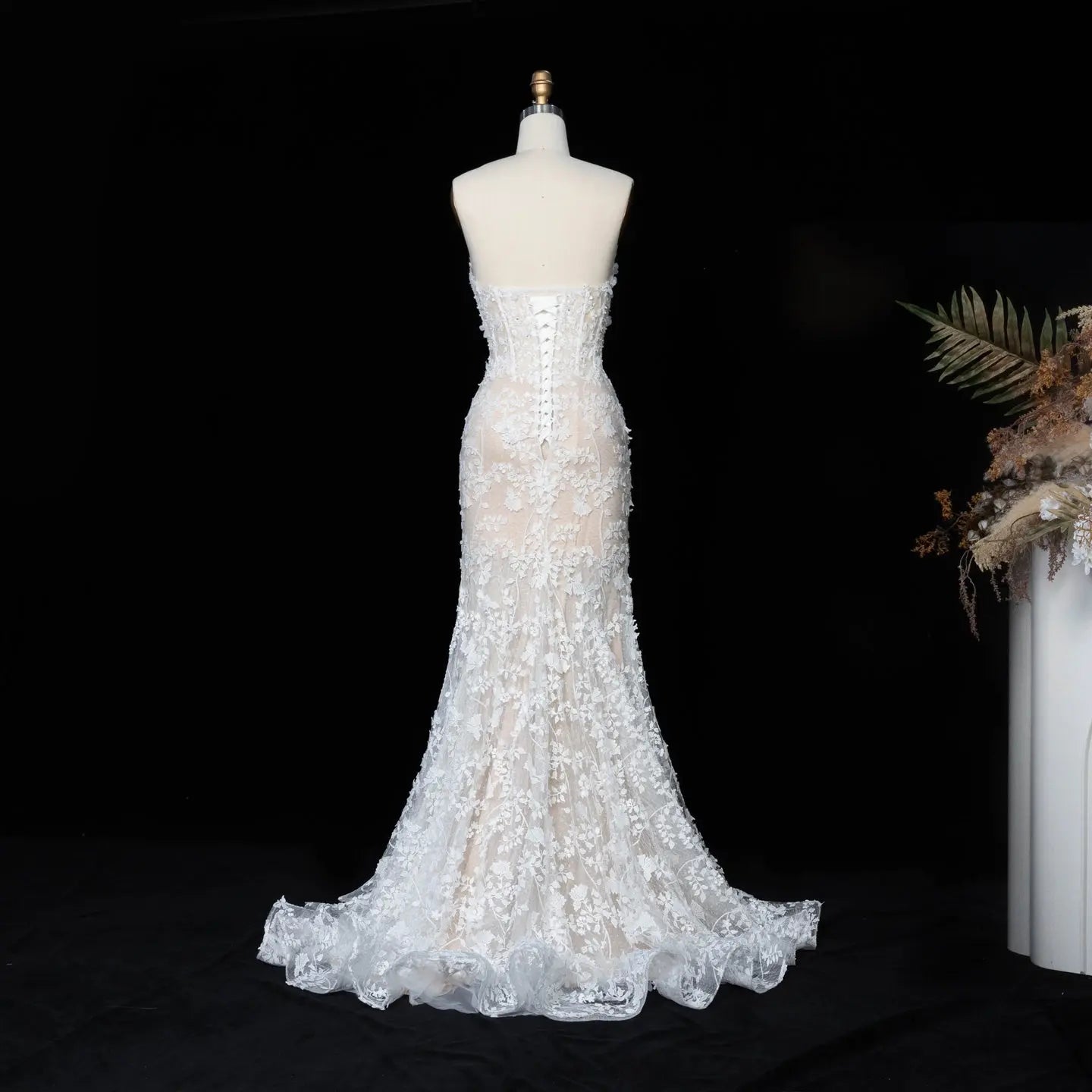 White Nude Lace Fairytale Mermaid Wedding Dress 3D Floral Train SW649