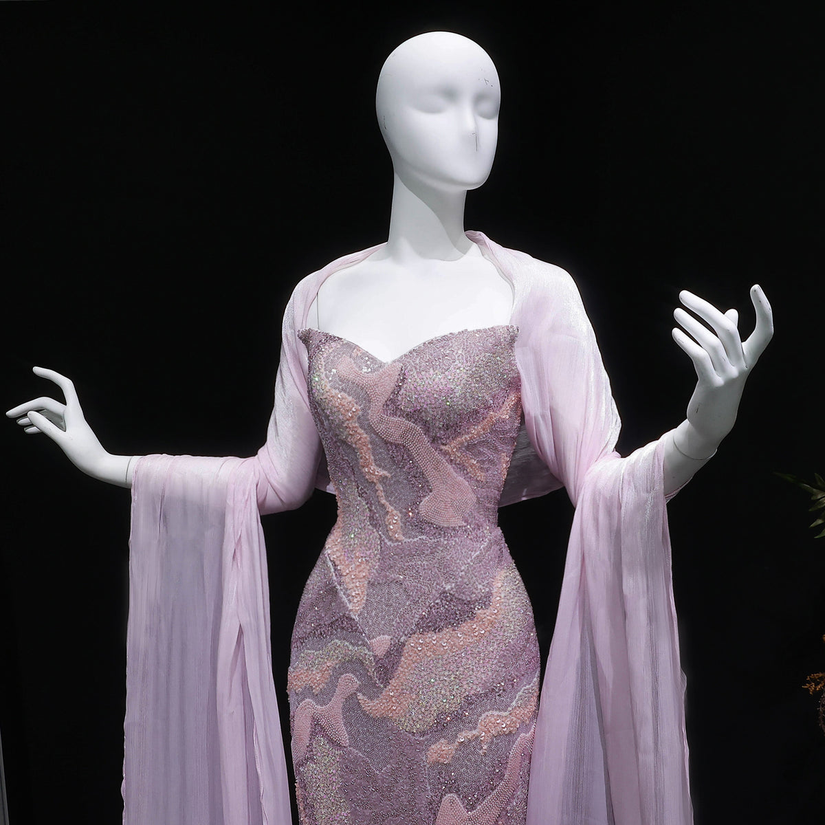 Luxury Pink Crystal Embellished Mermaid Evening Dress with Cape SS658