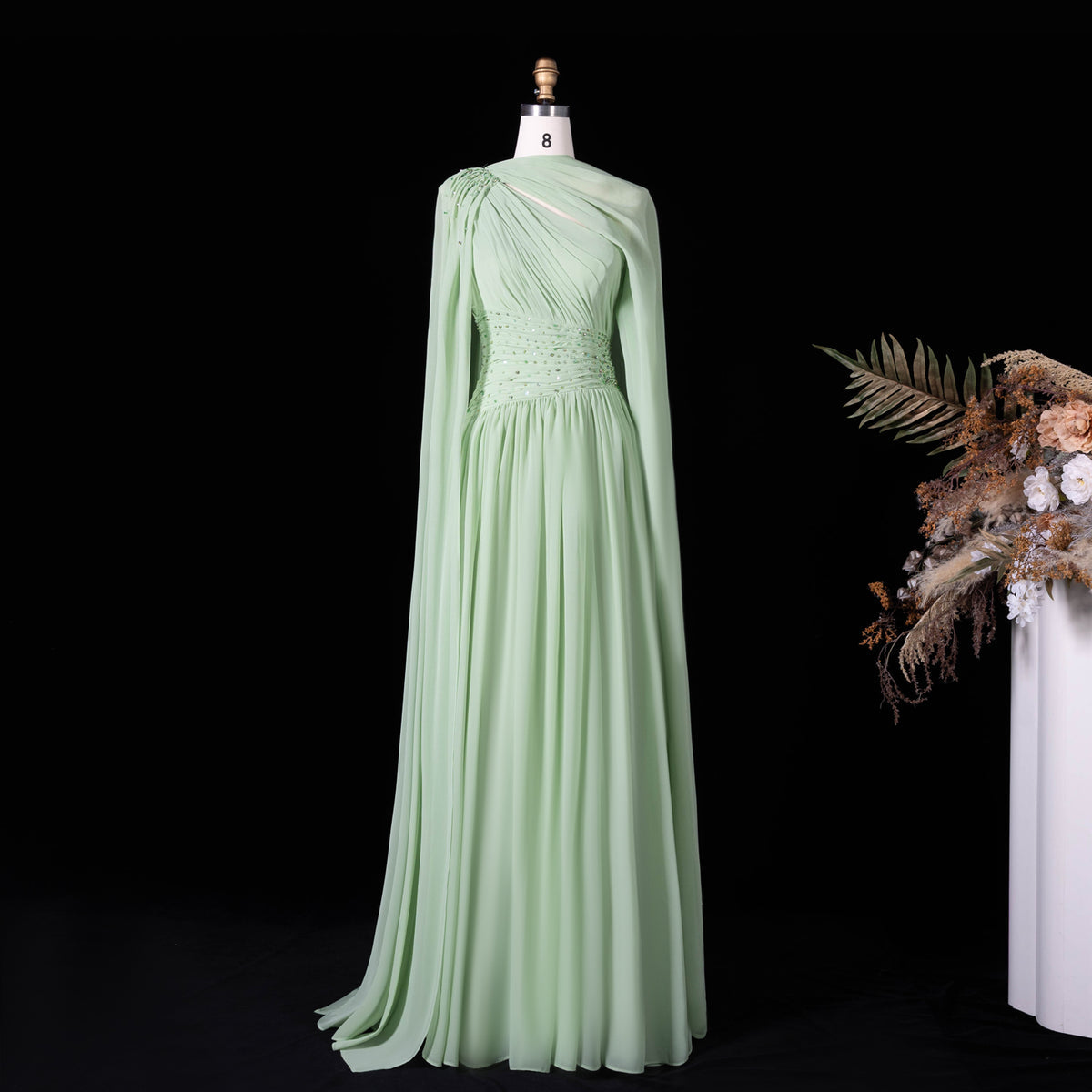Sophisticated Mint Green Crystal Cape Sleeve Chiffon Evening Dress SF119