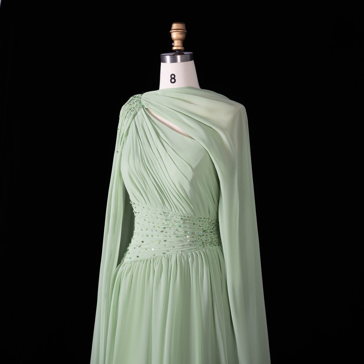 Sophisticated Mint Green Crystal Cape Sleeve Chiffon Evening Dress SF119
