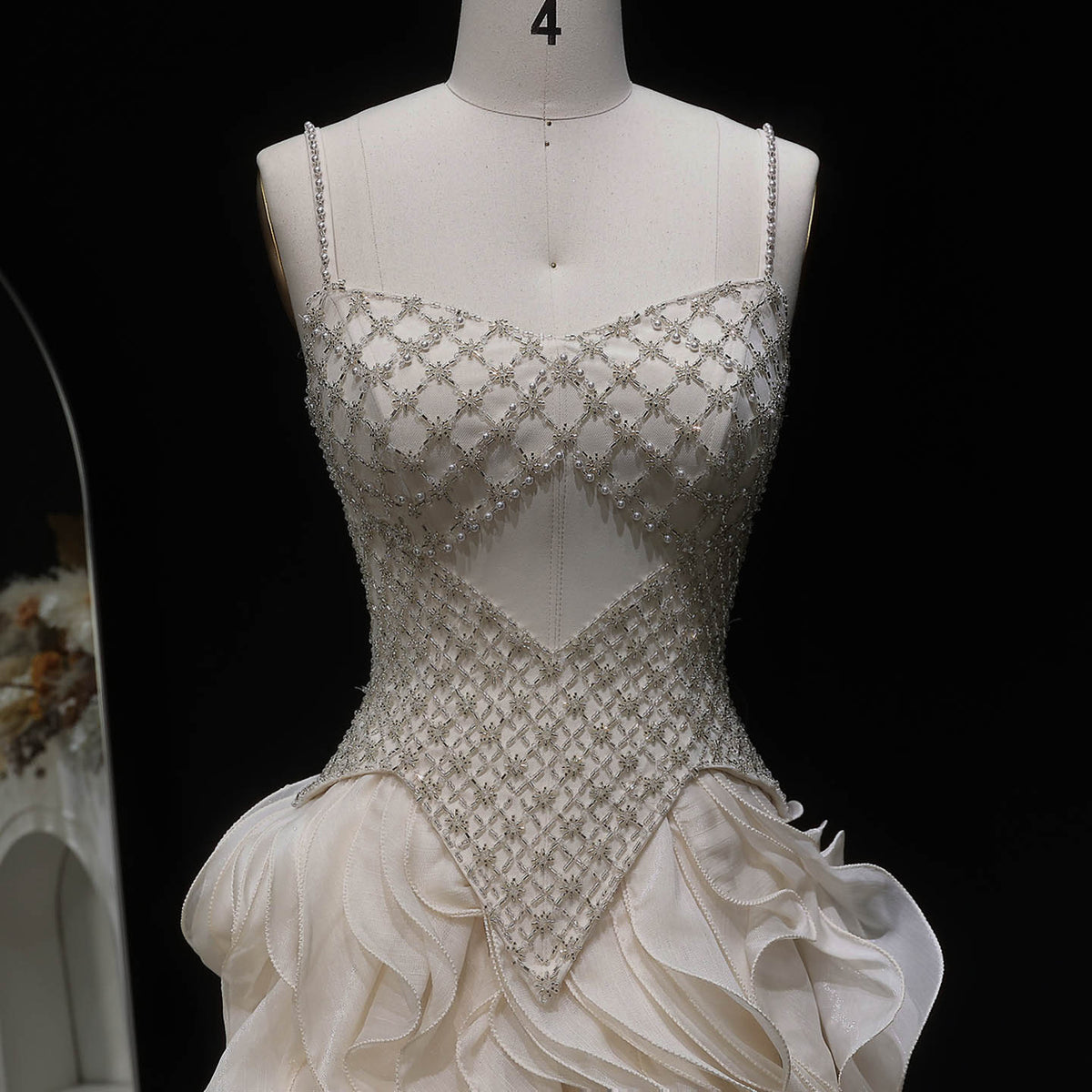 Luxury Beige Corset Bodice Ruffled Skirt Beaded Evening Dress SS257