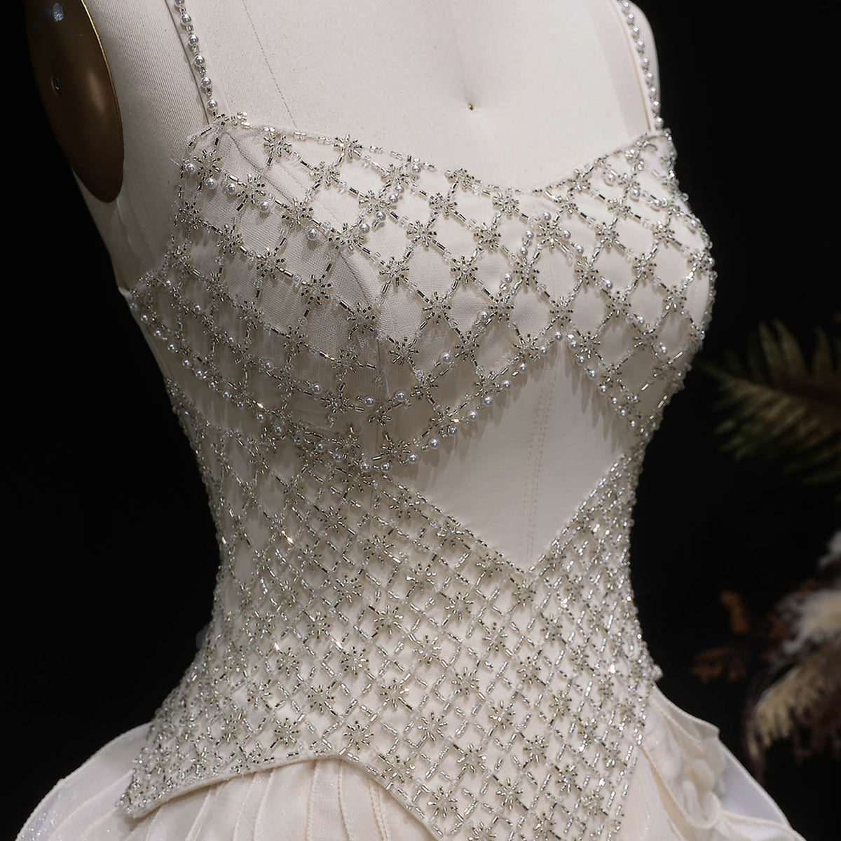 Luxury Beige Corset Bodice Ruffled Skirt Beaded Evening Dress SS257