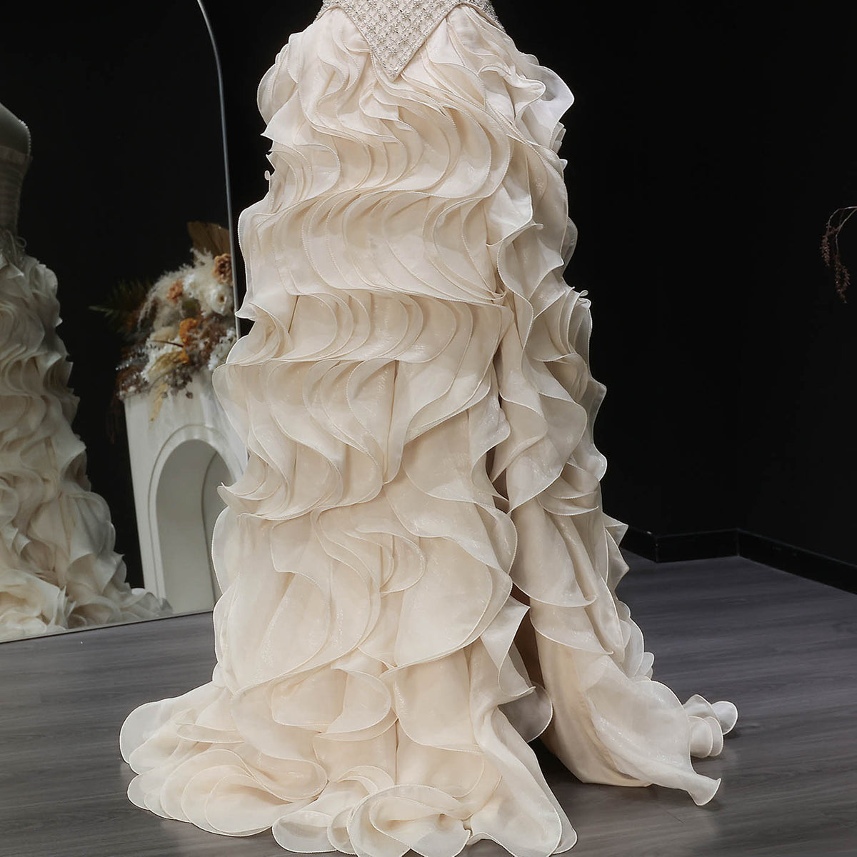 Luxury Beige Corset Bodice Ruffled Skirt Beaded Evening Dress SS257