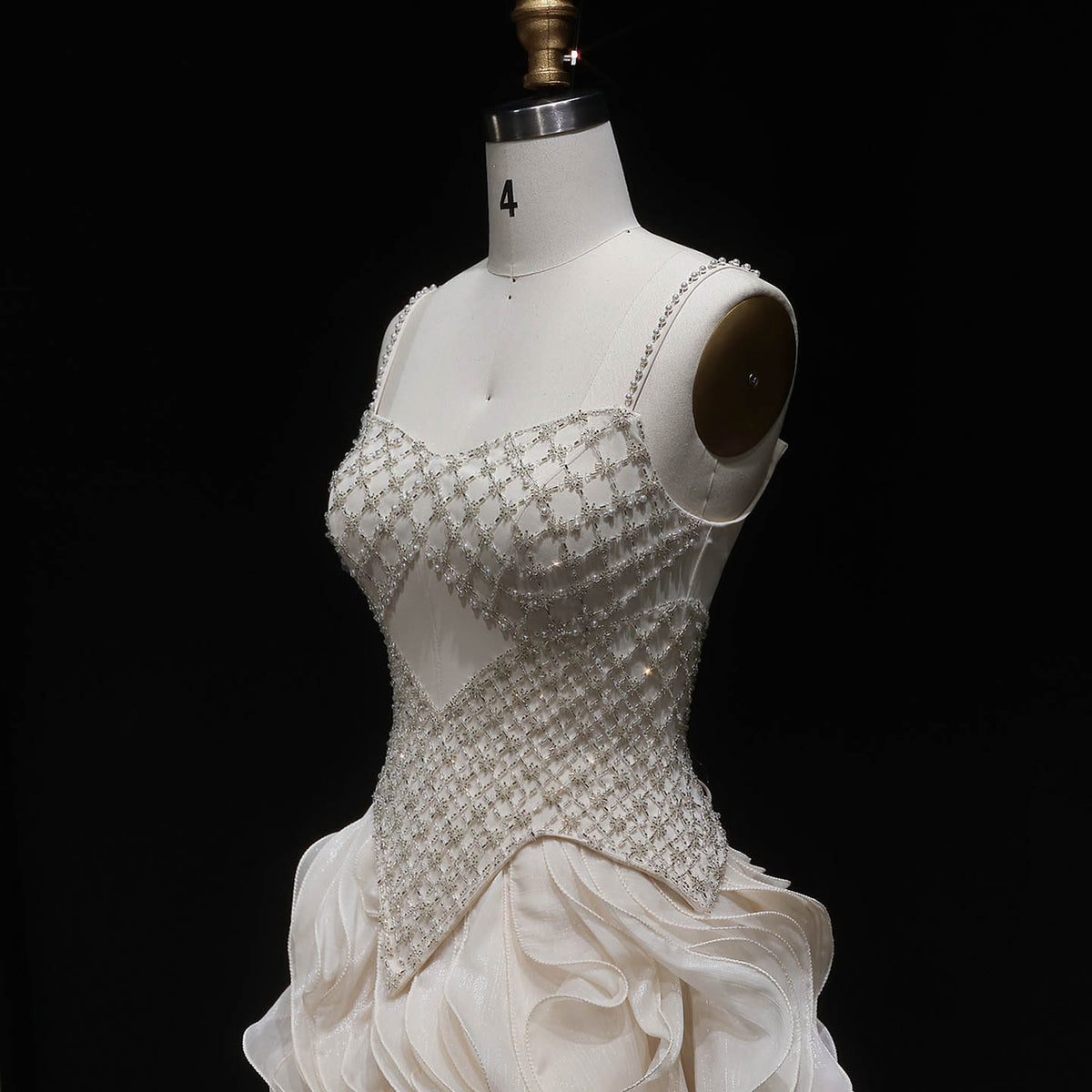 Luxury Beige Corset Bodice Ruffled Skirt Beaded Evening Dress SS257