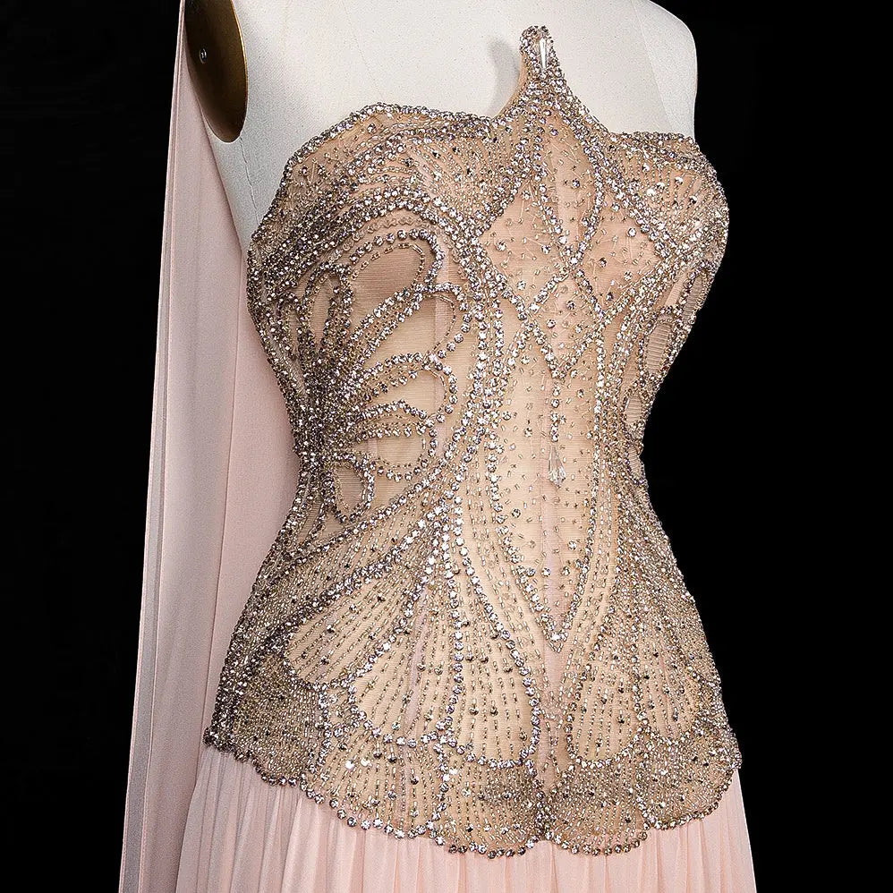 Blush Pink Strapless Corset Beaded Prom Evening Dress SS203