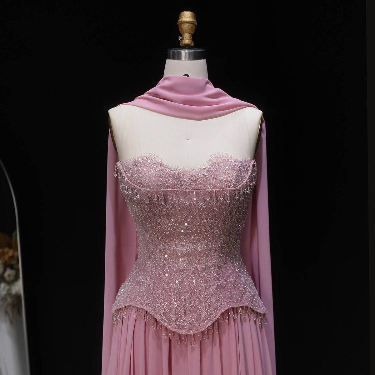 Luxury Pink Sweetheart Beaded Chiffon Evening Dress with Scarf SS434