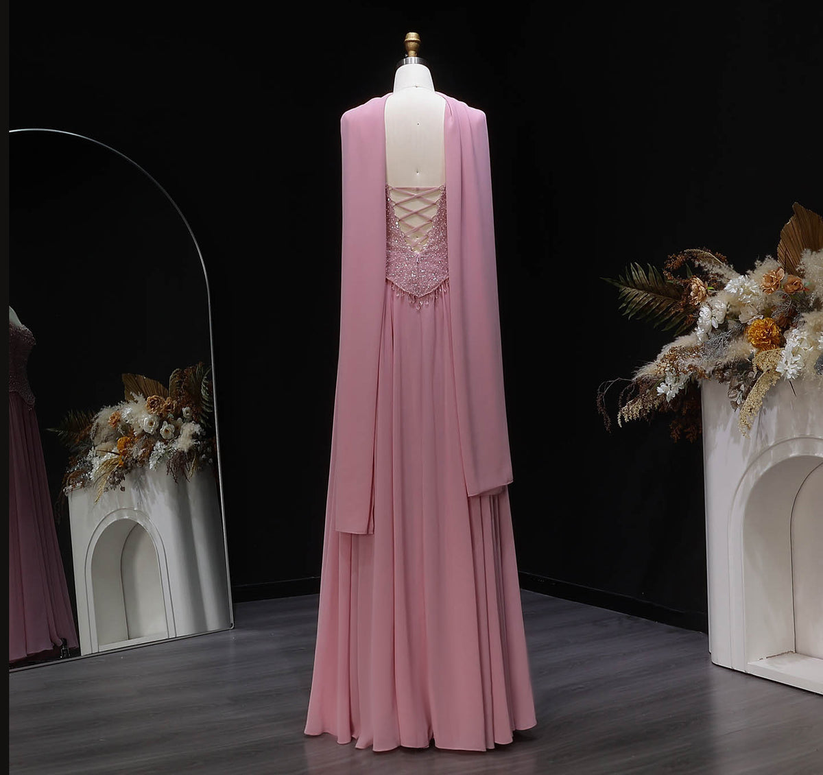 Luxury Pink Sweetheart Beaded Chiffon Evening Dress with Scarf SS434