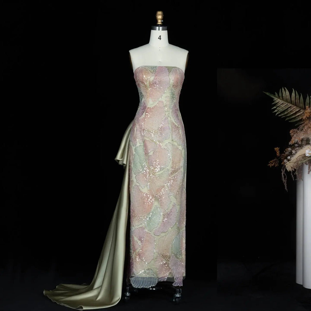 Sage Green Strapless Sparkly Sequin Maxi Dress with Cascading Satin Bow SS664