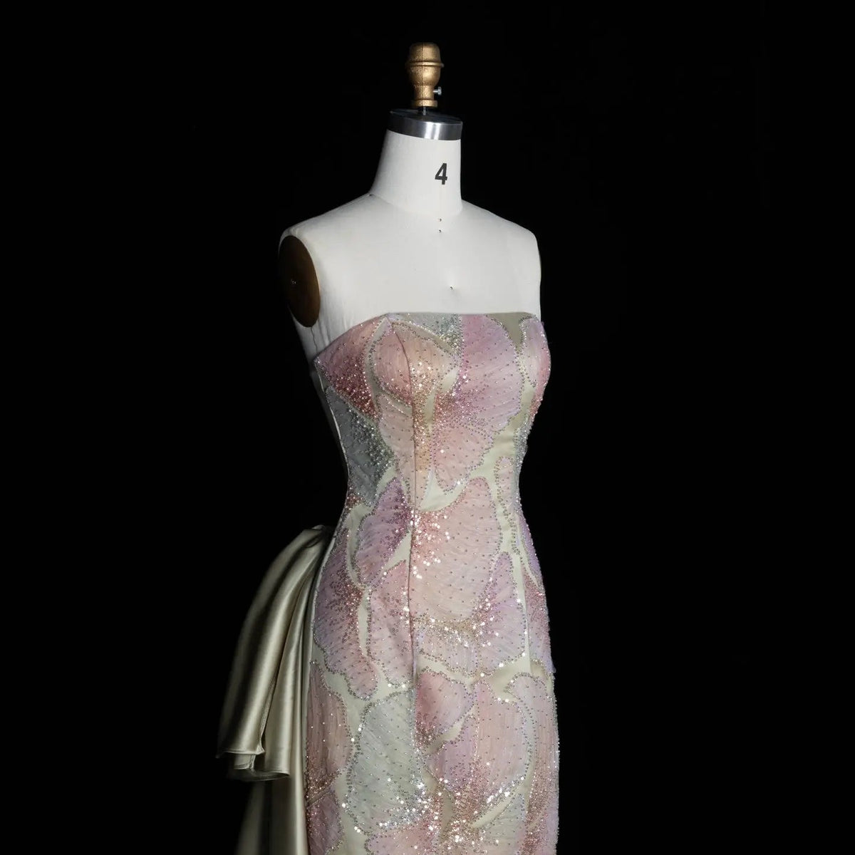Sage Green Strapless Sparkly Sequin Maxi Dress with Cascading Satin Bow SS664