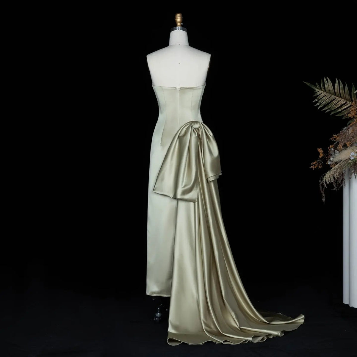 Sage Green Strapless Sparkly Sequin Maxi Dress with Cascading Satin Bow SS664