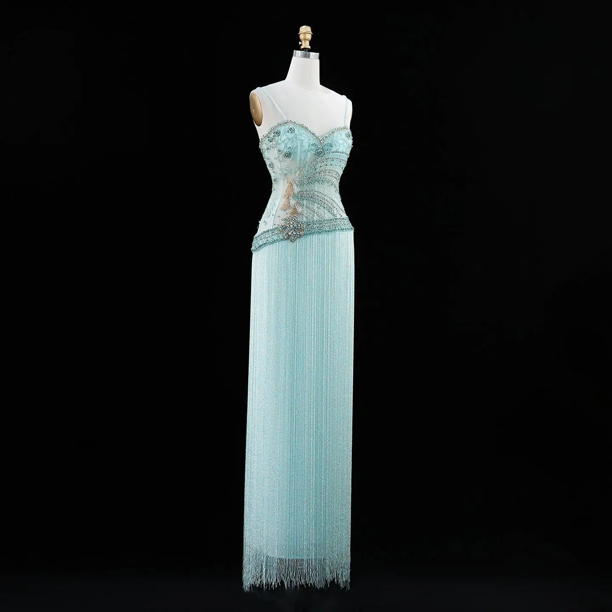 Aqua Beaded Corset Fringe Prom Formal Evening Dress SS202