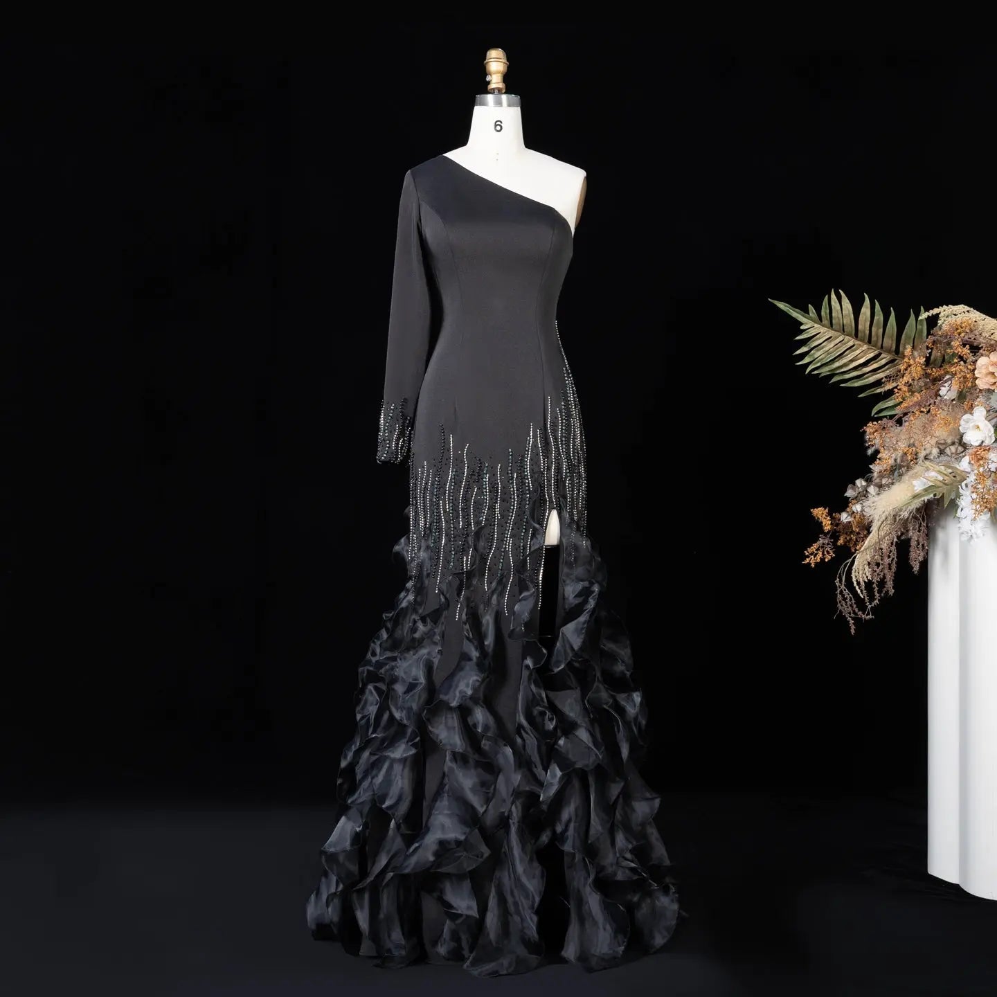 Black One Shoulder Beaded Fringe Ruffle Mermaid Evening Gown SS596