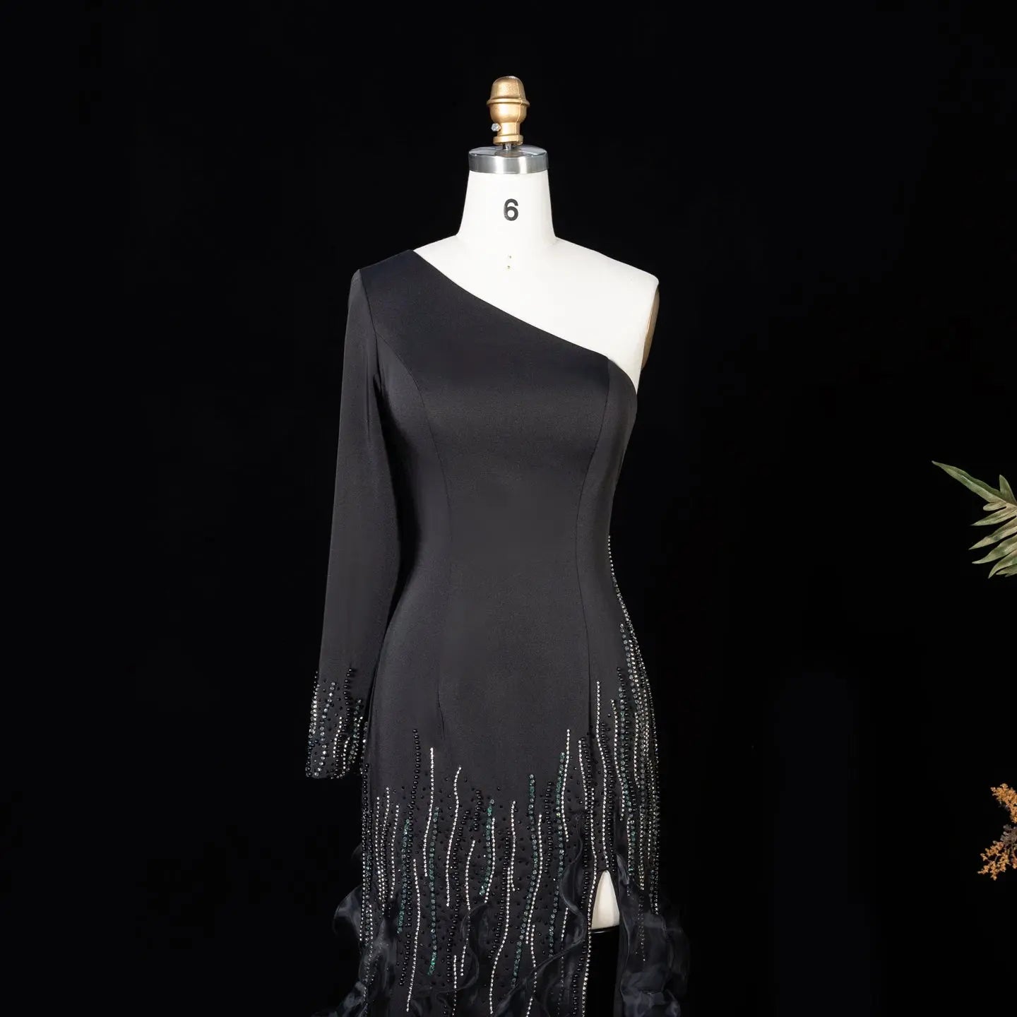 Black One Shoulder Beaded Fringe Ruffle Mermaid Evening Gown SS596