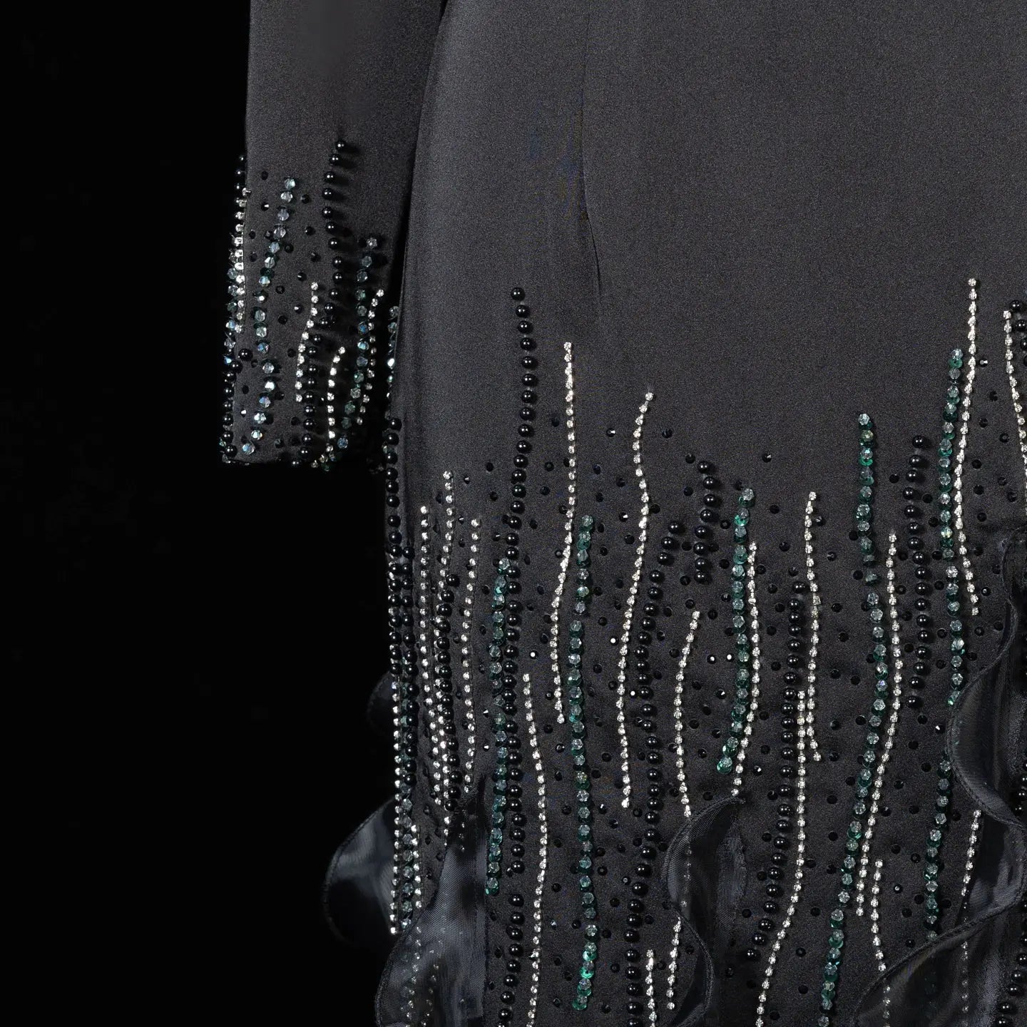 Black One Shoulder Beaded Fringe Ruffle Mermaid Evening Gown SS596