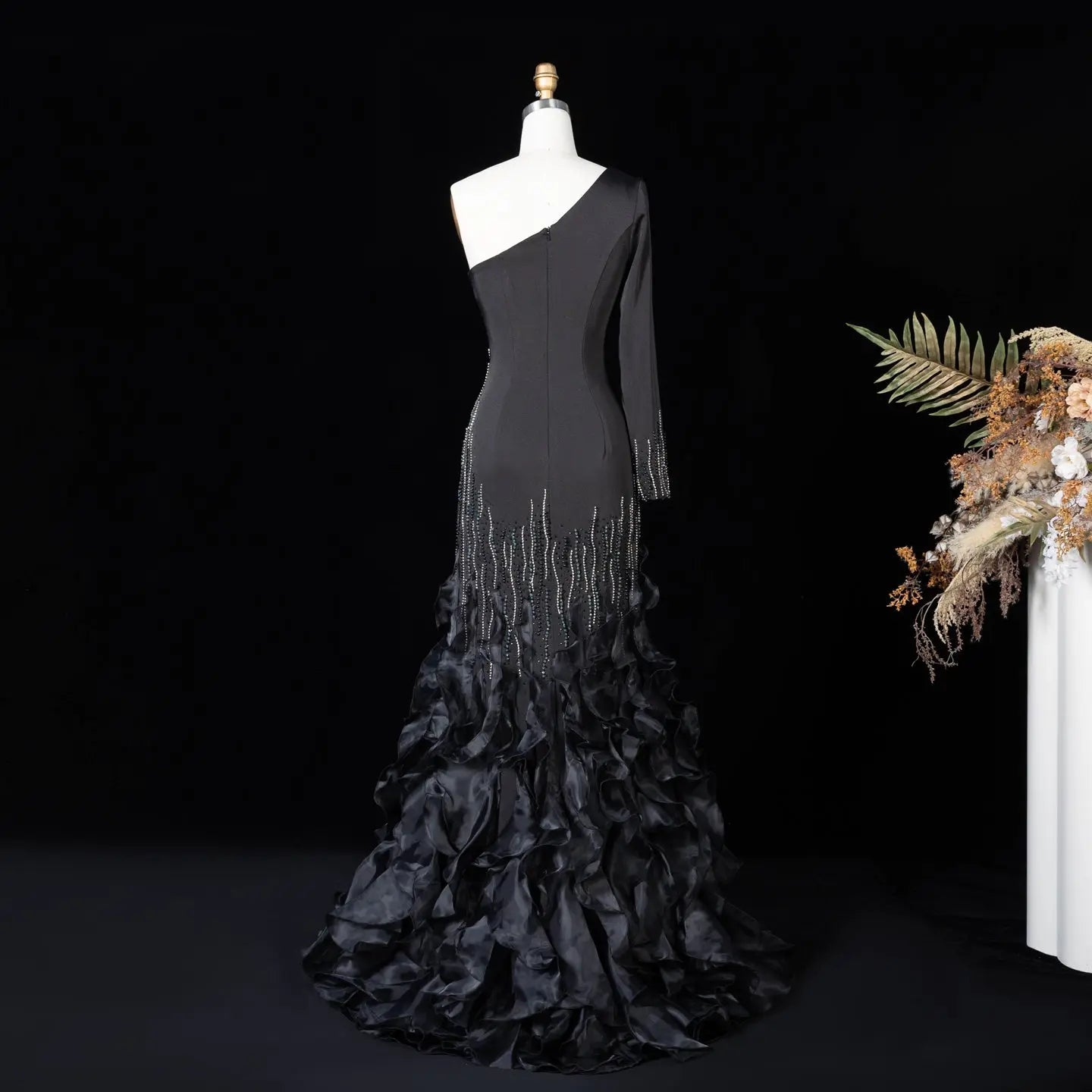Black One Shoulder Beaded Fringe Ruffle Mermaid Evening Gown SS596
