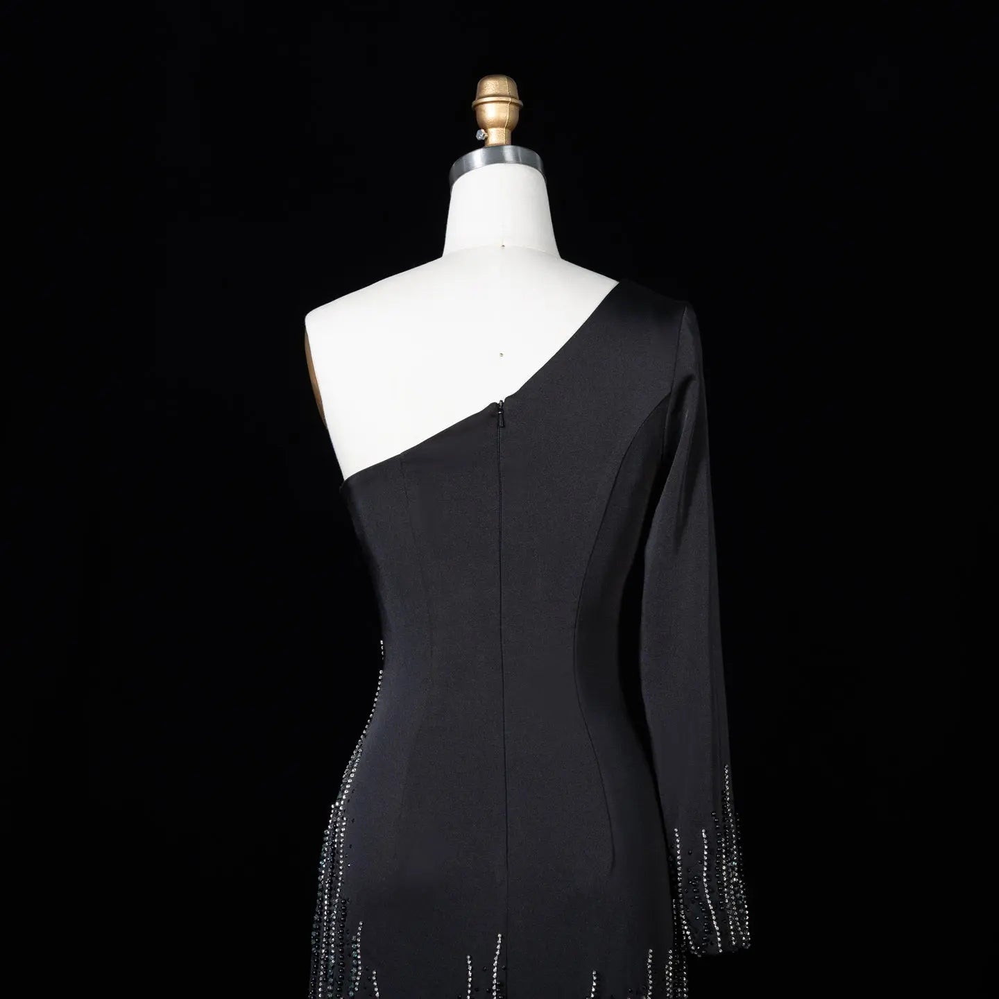 Black One Shoulder Beaded Fringe Ruffle Mermaid Evening Gown SS596