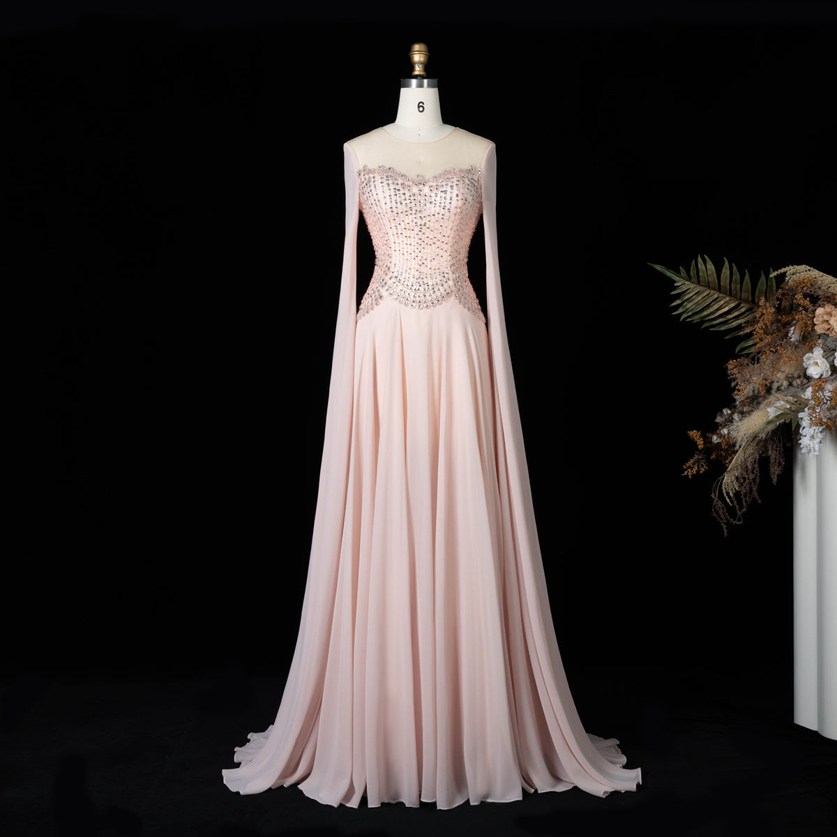 Elegant Pink Beaded Flowy Cape Sleeve Evening Dress SS367