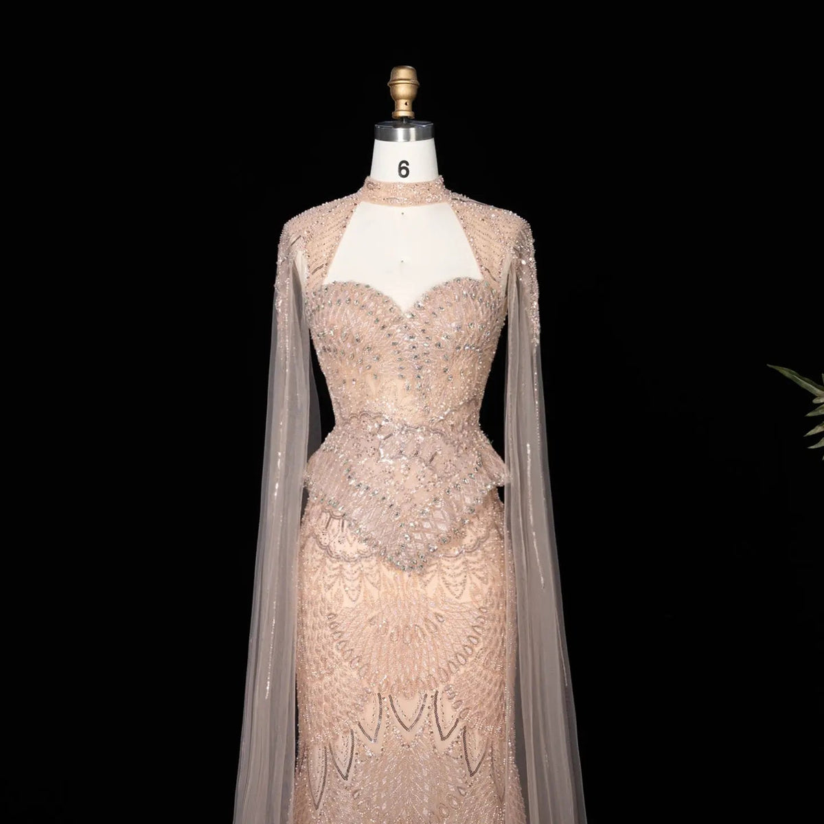 Champagne Beaded Sequined Mermaid Evening Gown With Cape SS018 - Champagne